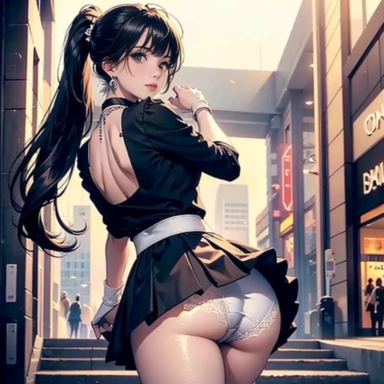 (Vulgar,nsfw),((butts and back focus,looking back)),
(skirt lift,very windy),(beautiful elegant white panties),very low angle,from below,((masterpiece, highest resolution,best quality)), (beautiful photo realistic illustration),((semi long beautiful black hair,blunt bangs,pony tail,beautiful eyes)), (solo),(beautiful elegant office blouse and black skirt,skirt lifted by the wind),(looking at the viewer), (walking around the shopping mall),(innocent smile, Embarrassed),(white over-kneehighs,Lace chalker, wristband, fingerless gloves, over-kneehighs,
Lace chalker, diamond necklace,wristband, black gloves, earrings), (cinematic lighting, very windy),shopping mall,big city,busy street,day,blue sky,flowers and trees,crowded, (from the ground),(beautiful elegant Underwear patterns),
