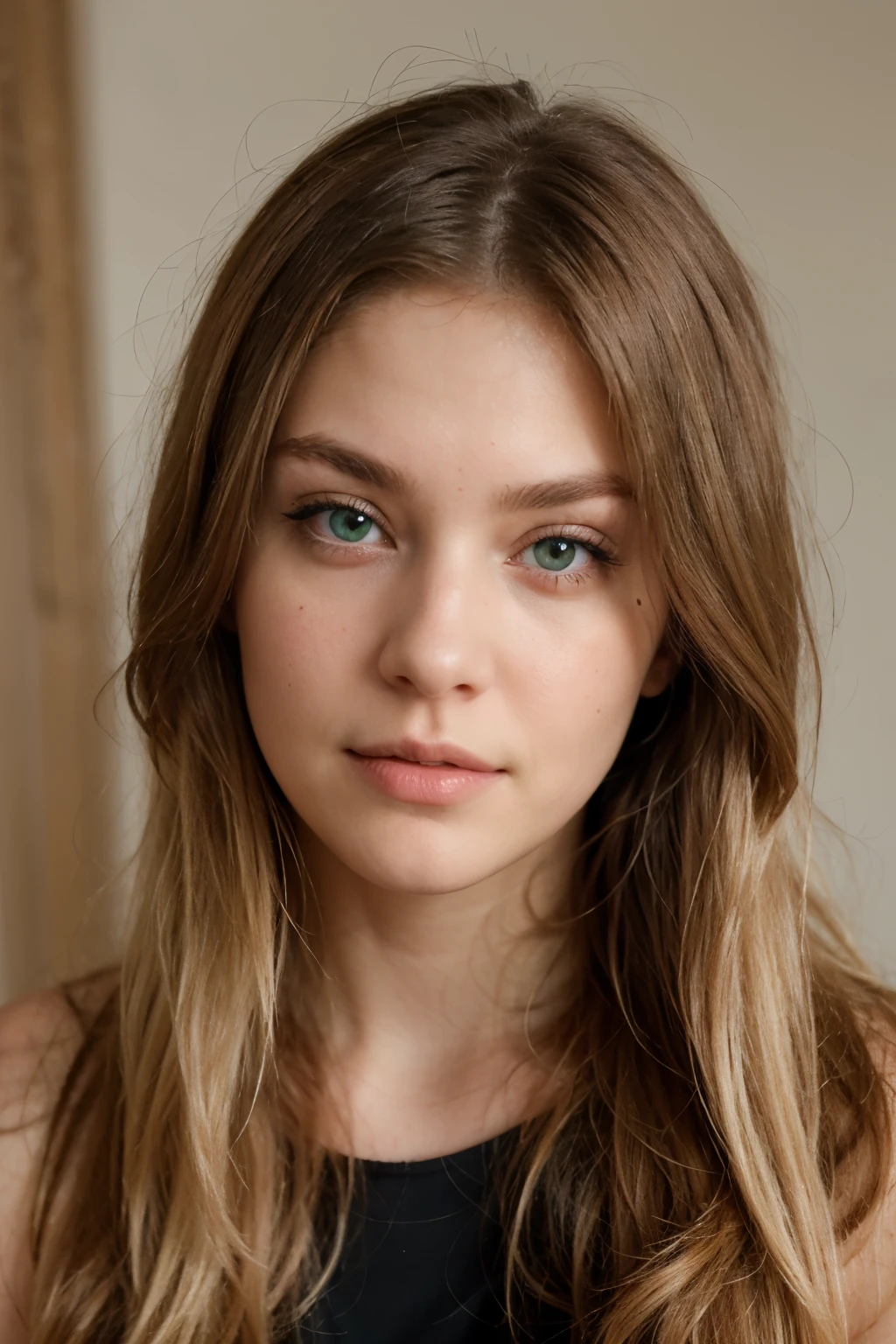 realistic 25 year old white female perfect face blond long hair green eyes