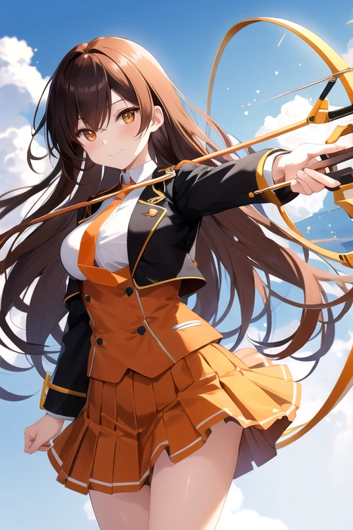 a cartoon woman in uniform holding a bow and arrow in front of her, kureha touka, 1girl, solo, teenager, yo, large breasts, orange pleated skirt, lightbrown hair, long hair, parted bangs, gold eyes, black blazer, pleated skirt, white things high, orange neckties, collerd shirts, ,