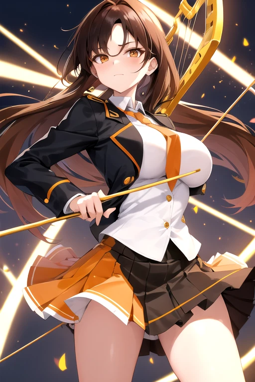 a cartoon woman in uniform holding a bow and arrow in front of her, kureha touka, 1girl, solo, teenager, 17yo, large breasts, orange pleated skirt, lightbrown hair, long hair, parted bangs, gold eyes, black blazer, pleated skirt, white things high, orange neckties, collerd shirts, ,