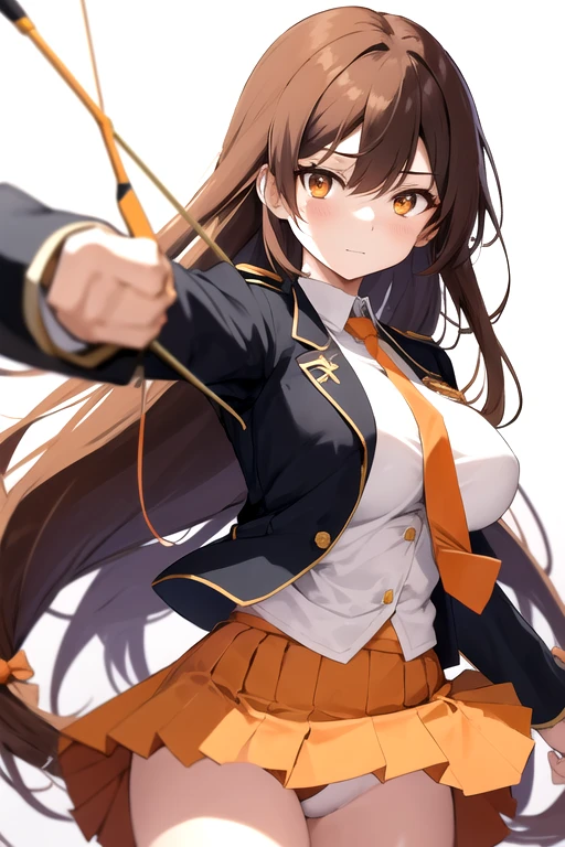 a cartoon woman in uniform holding a bow and arrow in front of her, kureha touka, 1girl, solo, teenager, 17yo, large breasts, orange pleated skirt, lightbrown hair, long hair, parted bangs, gold eyes, black blazer, pleated skirt, white things high, orange neckties, collerd shirts, ,