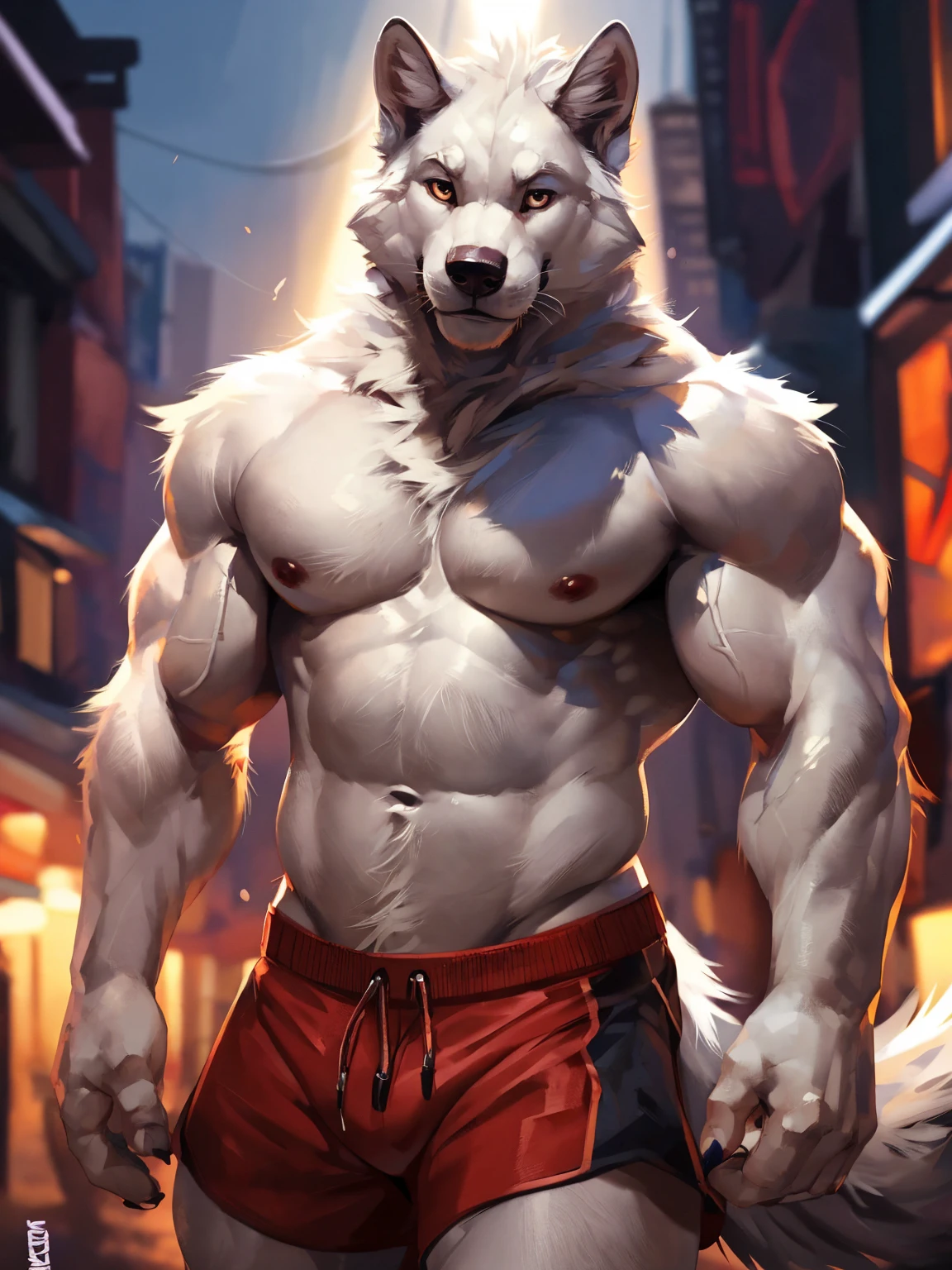 anthro white wolf, white fur, adult, solo, pose, fit body, shorts, topless, tails, looking at viewer, realistic eyes, realistic fur, realistic hands, pubic hair, veiny muscles, (((cinematic lighting, outside background))), photorealistic, detailed fur,  By mystikfox61