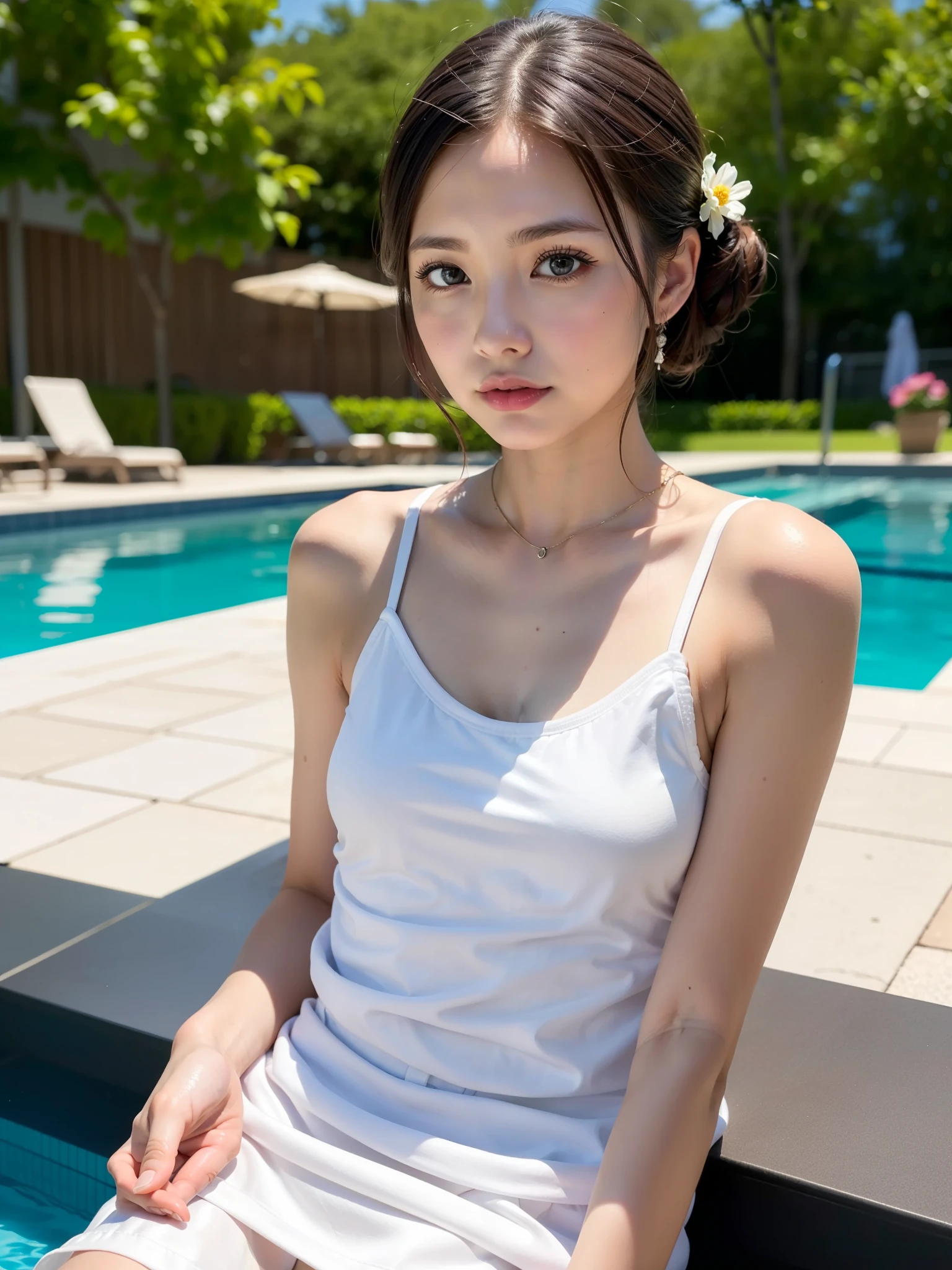 Dark brown hair、Light brown eyes、The Face of Japan、 Lady、I am about 40 years old.....1 person、(Intricate details:1.2)、 (Ultra-high resolution:1.2)、Ultra-high resolution、(Finely tuned)、8k resolution、D cup size breasts、Long Hair、masterpiece，highest quality、Bathroom、Beautiful feet、Beautiful Valley、Wet Hair、Wet Skin、Bare shoulders、Bare Top One Piece、Water Drop、Just got out of the bath、Put your hair up、Sweaty body、