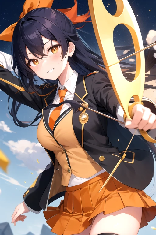 a cartoon woman in uniform holding a bow and arrow in front of her, kureha touka, 1girl, solo, teenager, 17yo, large breasts, orange pleated skirt, lightplutinum hair, long hair, parted bangs, gold eyes, black blazer, pleated skirt, white things high, orange neckties, collerd shirts, ,