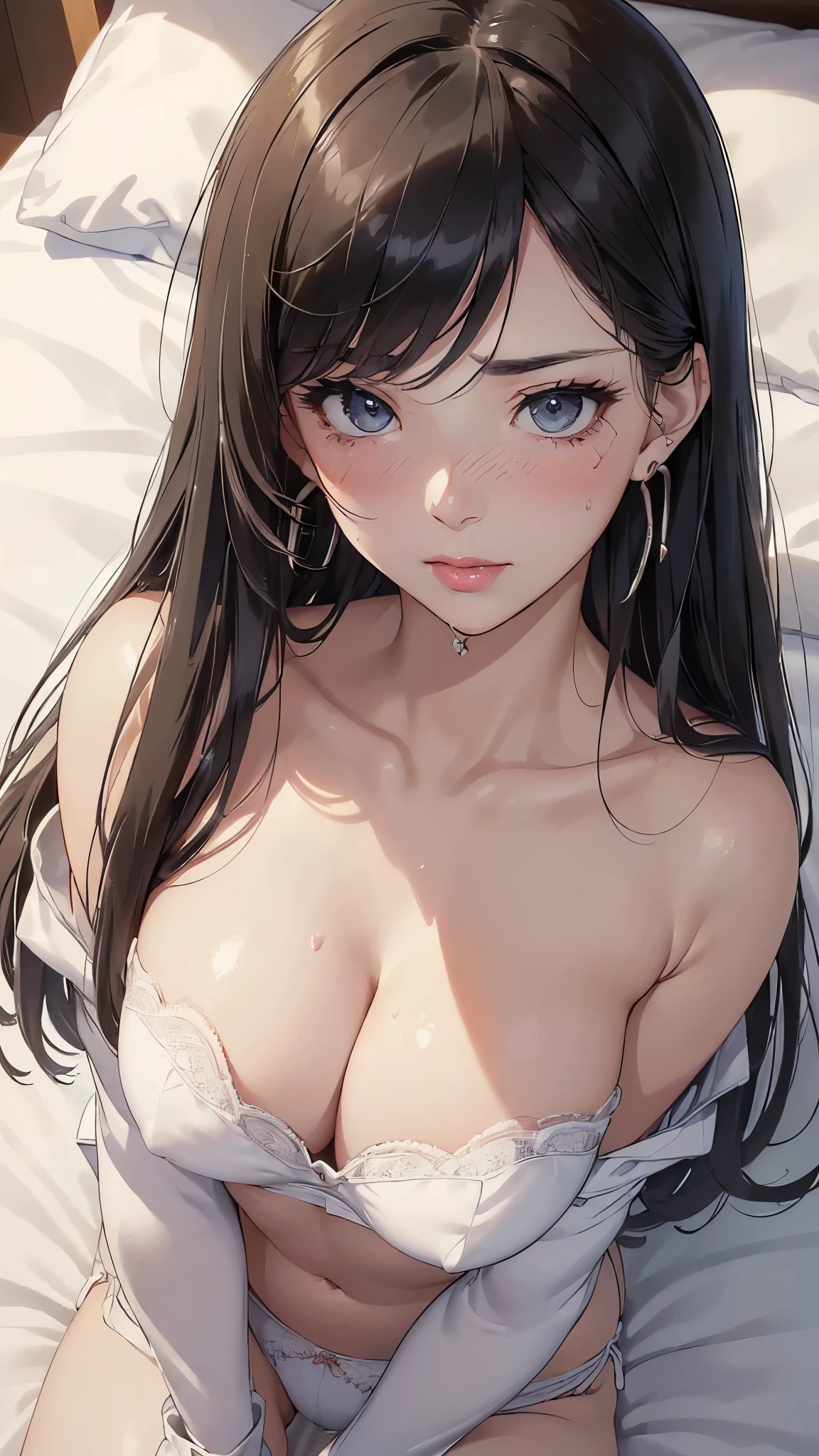 (masterpiece: 1.3), (maximum resolution: 1.2), (Ultra HDTV: 1.2), cinematic light, 8K resolution, detailed facial features , (sharp focus: 1.2）, (focus on face:1.2),perfect style, beautiful face, acura, anatomically correct, Highly detailed face and skin texture, beautiful eyes,beautiful eyes, thin eyebrows, glitter eyeliner: 1 natural cheeks, Glossy skin, Fair skin: 1.2, (glossy lips: 1.4),、 (embarrassed look: 1.2),Highly detailed face and skin texture, natural cheeks, , glossy lips: 1.4,perfect style、exposed cleavage、（A large amount of sperm in the chest:1.4）（A large amount of sperm on the thigh:1.2）、 blush、humiliated look、look of impatience、look of humiliation、embarrassed look、please open your knees、open your legs、 white underwear、white bra、Sparkling small earrings and rosary、disheveled clothes、exposed panties、sweating、thin underwear、wet underwear、Stockings Long Hair、24-years-old, A neat and clean woman,1 person、 upturned chest, Old bedroom、on the bed、(On my back, ベッドにlying down, ベッドにlying downいる, lying down, white sheets:1.3)、blonde、black hair、blue ash eyes、green ash eye,(police uniform:1.3)、disgusting face、masturbation behavior、Blowjob、