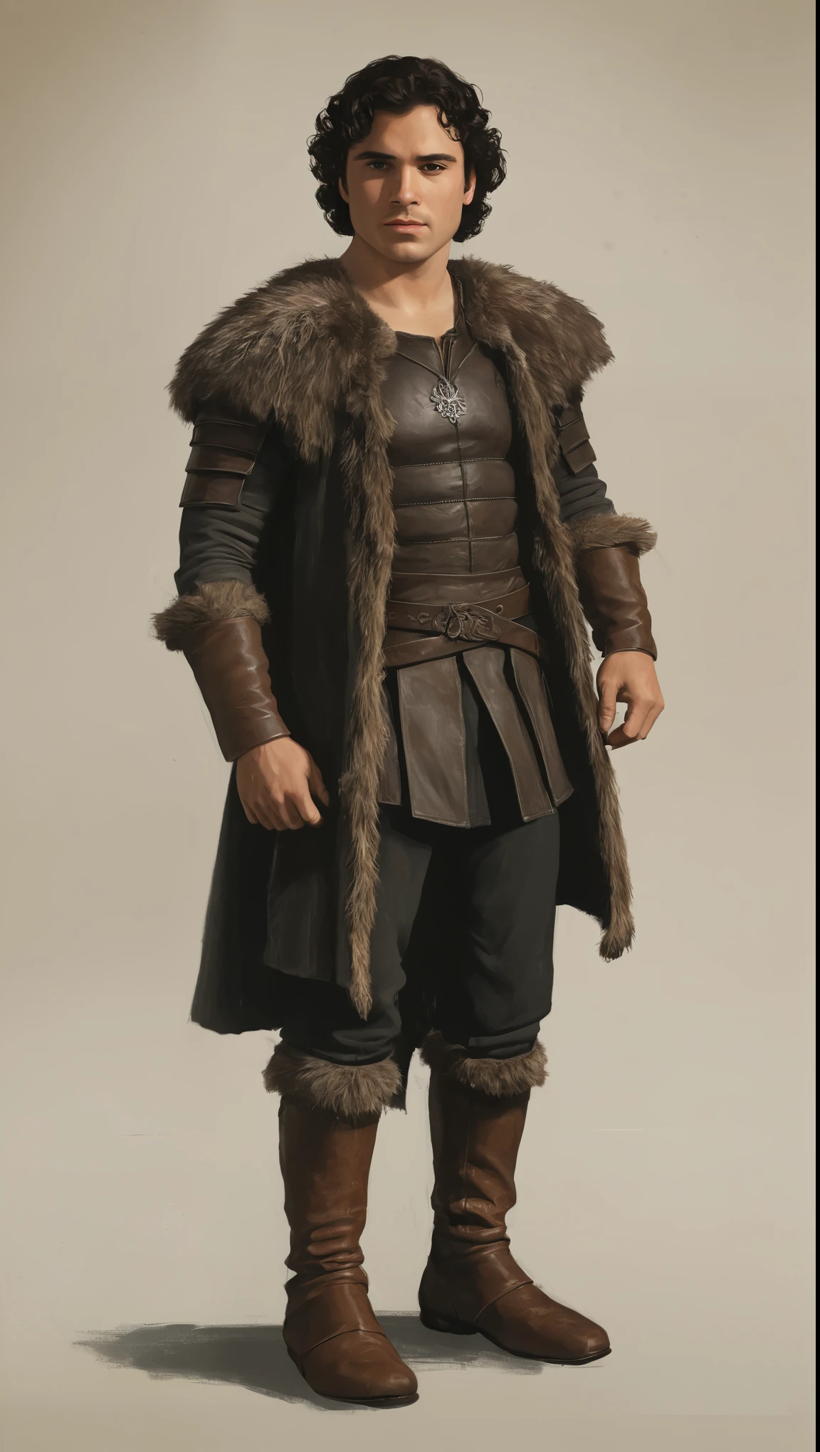An illustrated movie poster, hand-drawn, full color, a Westerosi man, 28 years-old, wearing a long jerkin, resembles Gavin Leatherwood, sun-tanned skin, stocky physique, deep brown eyes, wide bulbous nose, black hair, curly hair, thick bushy eyebrows, extremely hairy chest, stomach, and arms, lots of body hair, posing on a pedestal, hard shadows, graphite shading, stencil markings, airbrushed acrylic paint, masterpiece, in the style of Game of Thrones