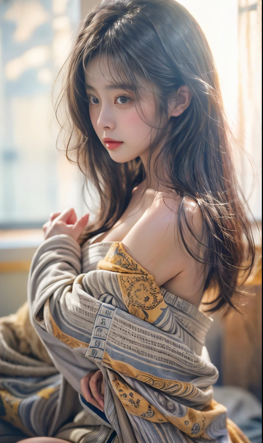 masterpiece、highest quality、cinema、(cute japanese woman:1.3)、23 years old、1 girl、elegant、black hair、warm、look away、bare shoulders