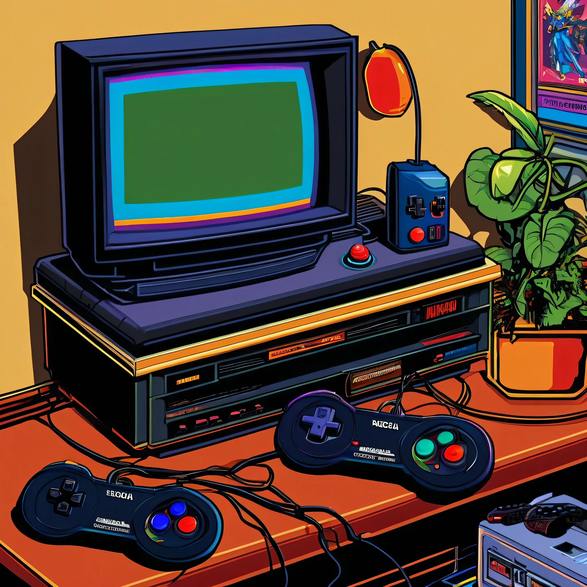 there are two controllers and a television on a desk, video game consoles, sega genesis video game, sega genesis, video game style, crt screens in background, video game, videogame style, retro games, retro game, retro tech, neo geo, neogeo, 9 0 s games, video - game, lo-fi retro videogame