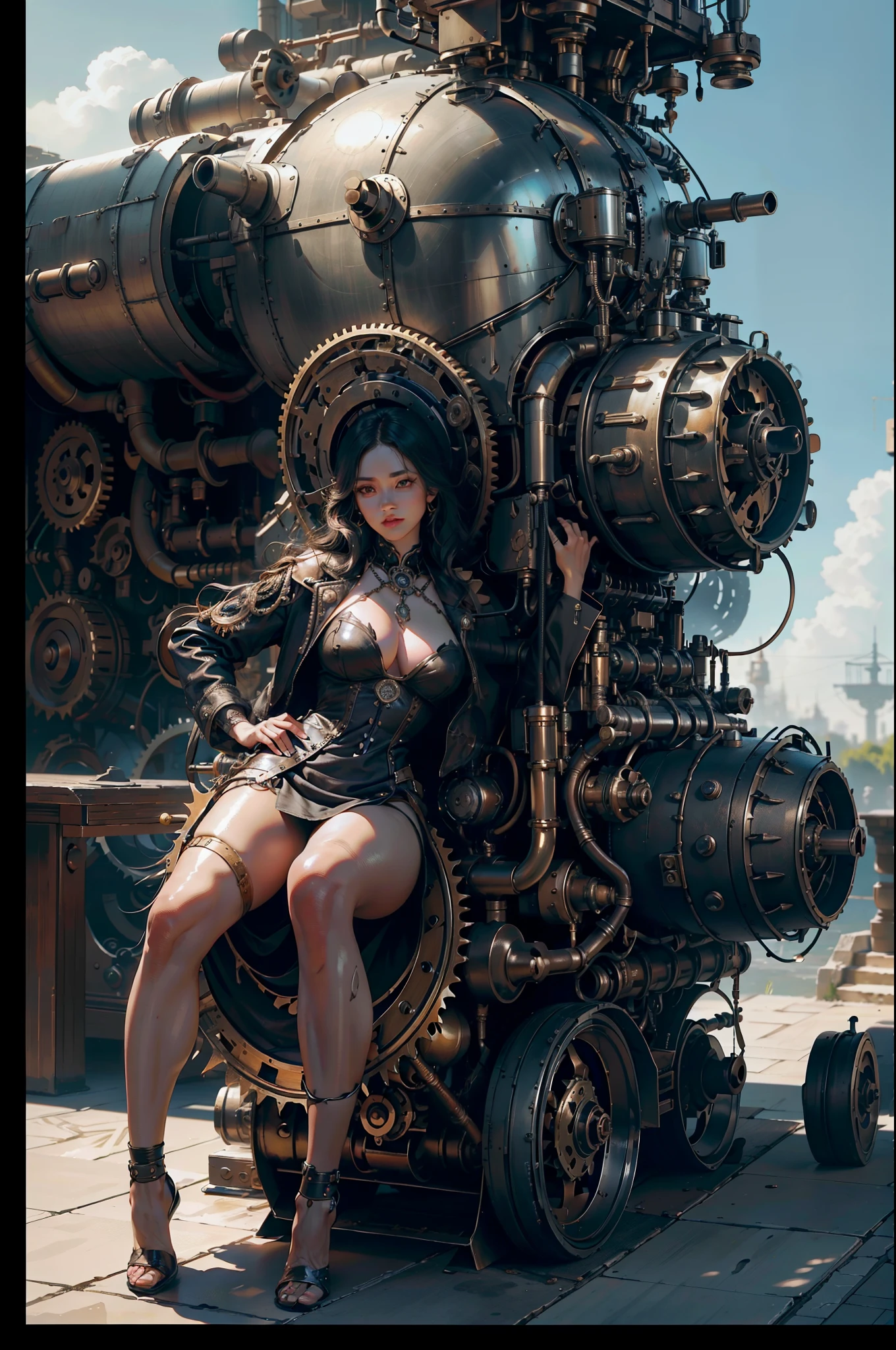 steampunk, BDSM、((table top)), (最high quality), nffsw, retina, Accurate, ((anatomically correct)), rough skin, Super detailed, advanced details, high quality, award-winning, 最high quality, High resolution, 8K, cast a shadow, anaglyph, stereogram, atmospheric perspective, surrealism, Depth of the bounds written, reflected light, Backlight, outside the border, move the chart, outside the frame, dutch angle, dutch angle, cowboy shot, 8K, Super detailed, Accurate, one girl, Beautiful long black hair with bangs, , long eyelashes, solid circle eye, ((very shiny skin)), (Juicy skin), Very shiny clothes, outside the house, Complex mechanical devices, Machine Wall, Gigantic Cogwheel, Countless gears, There are lots of pipes, Steam eruptions, spark of light, Many instruments,action pose, Place your left hand on your hip、Raise your right arm, spread your arms out to the sides, spread your legs,