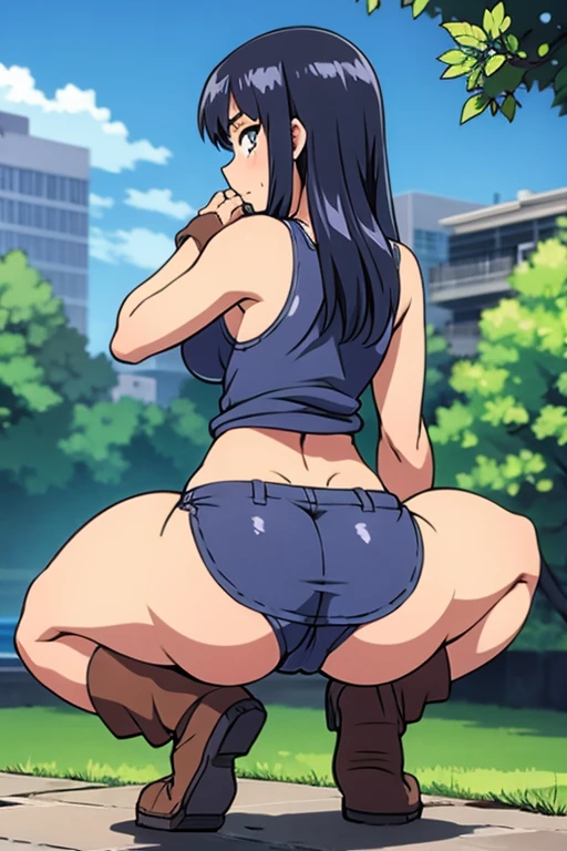 cowgirl's massive rear butt cheeks from behind out of bottomless spaghetti strap tank top out bare and wet boots spreading her legs, gloved hands hidden behind head, sunglasses