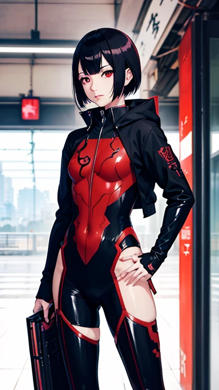 male anime character with red eyes standing in a subway station, una imagen inspirada en Yamagata Hiro, tendencia en pixiv, shin hanga, shigenori soejima illustration, junji ito 4 k, estilo tsutomu nihei, arte tsutomu nihei, yosuke ueno, fondo de pantalla manga 4 k, mezclar estilos de tsutomu nihei