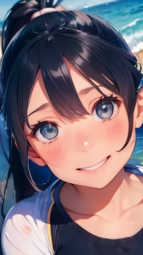 highest quality、realistic、Japanese、girl、zoom、look up、cute、Gray eyes、ponytail、black hair、all back、Forehead is coming out、Ocean、light blue swimsuit、joy、Grinning、face close up