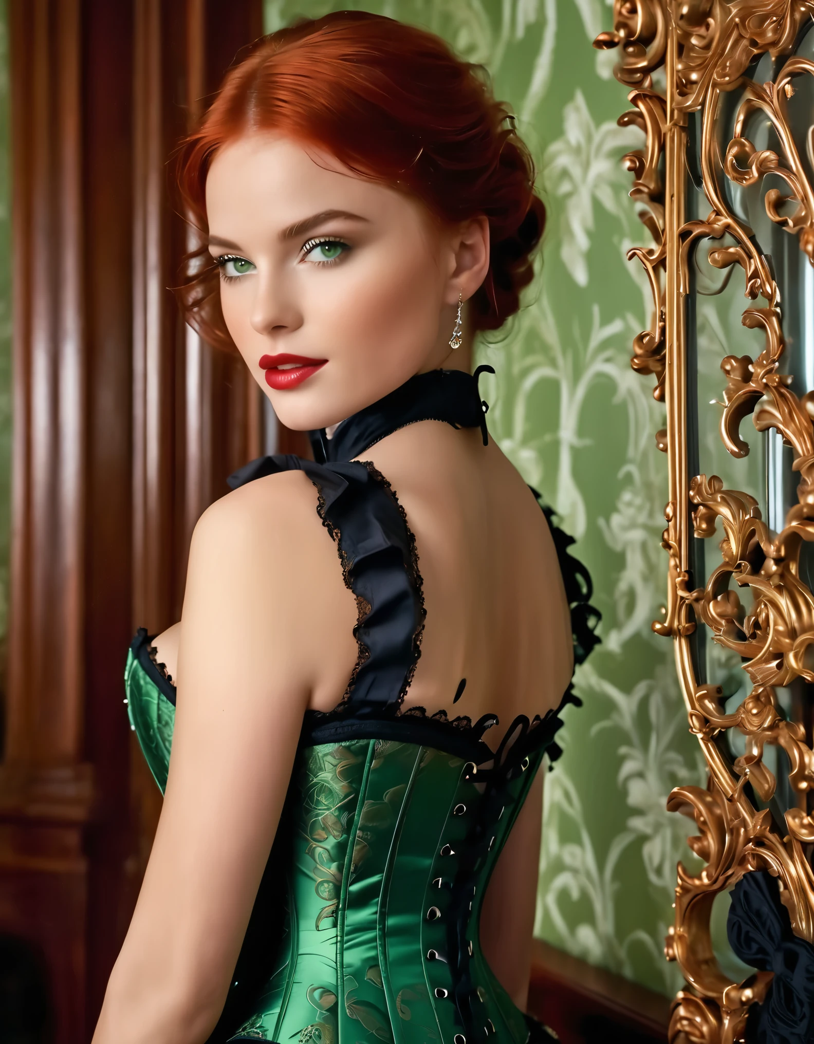 In this alluring photoshoot, we celebrate the fusion of modern allure and timeless elegance. Picture a seductive redhead with mesmerizing green eyes, her thin hourglass figure accentuated by a modern red and black ornate detailed corset. hyper realistic skin texture, Set against the backdrop of a luxurious Victorian-era bedroom, the contrast is striking. With a seductive smile playing on her lips, she invites viewers to indulge in her beauty. Using her eyes and lips she invites you over for sexual fun, Captured in stunning 8K resolution, the vibrant colors and photo-realistic details bring this captivating scene to life, offering a full-body view that mesmerizes with every glance.
