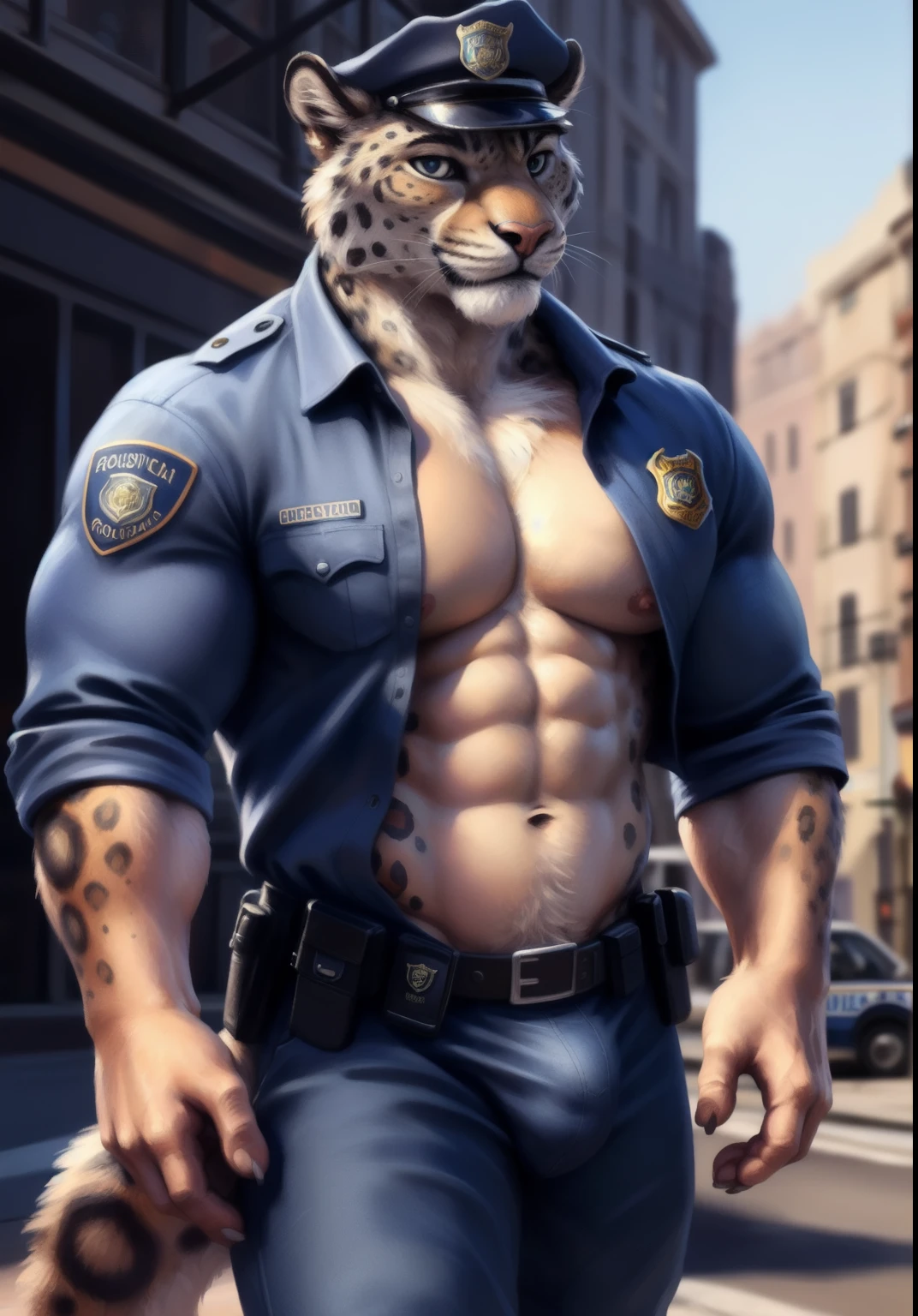 Snow leopard, male, solo, adult, abs, big pecs, nipples, older, strong muscles, detailed face, beautiful eyes, detailed eyes, police outfit, police shirt, open shirt, muscular chest, muscular, happy face, bodybuilder body, beefy, city and police car, blue jeans pants, bulge, looking at viewer, by bruteandbrawn, by personalami, by kenket, (intricate, high detail, film photography, soft focus, RAW candid cinema,
photorealism, realistic, photorealistic, analog style, subsurface scattering,
masterpiece, best quality, ultra realistic, 8k)