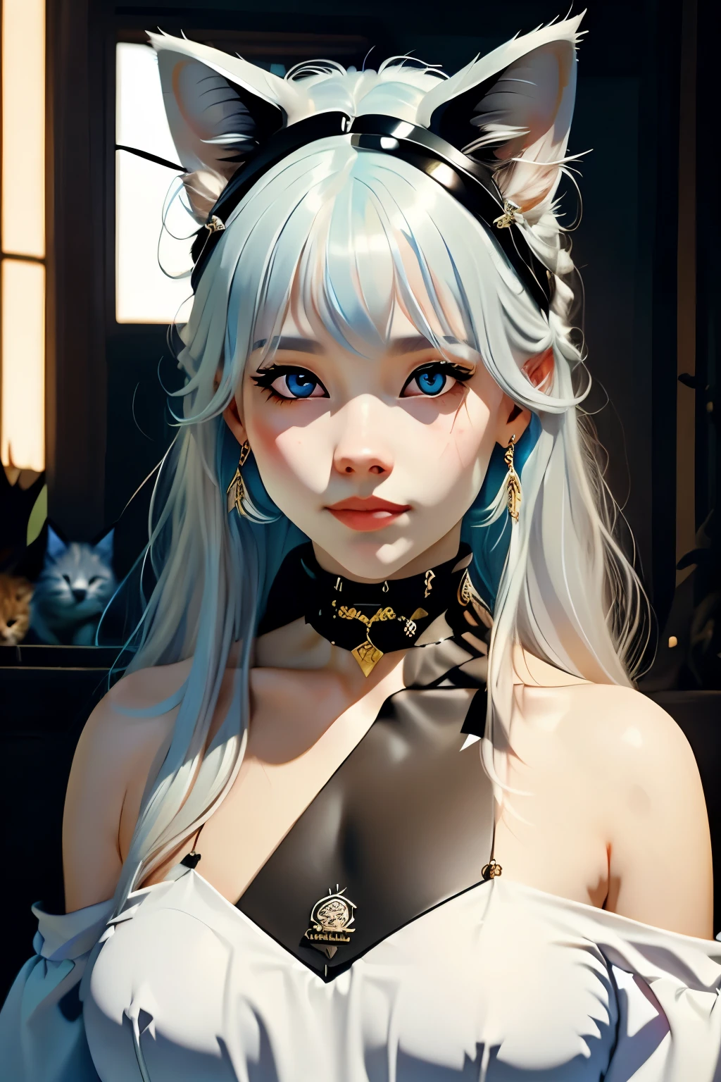 1girl, solo, long hair, smile, blue eyes, jewelry, closed mouth, white hair, earrings, choker, lips, animal, black choker, cat, looking up, portrait, freckles, on head, animal on head, cat on head