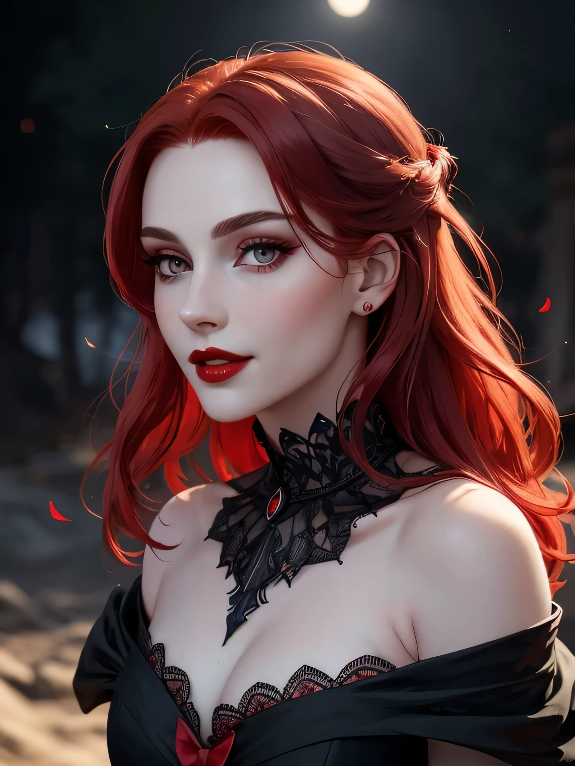 Up close face, (Masterpiece, Best Quality:1.3), absurdres, (8k resolution), illustration, ((outline, thick lineart)), (faux traditional media:1.3), looking at viewer,(masterpiece,best quality),HDR,high-definition,[[Intricate Details]],cinematic,photorealisticportrait shot, ((vivid red hair)), mature woman, 30 years old, diamond face, moonlight, red starry sky background, depth of field, magic, big red lips, ((dark black eyes)) black and red long and full dress, covered chest, mystical atmosphere, smile expression, posing, taut and well defined body, attractive. Highly realistic, pale skin, beautiful, hyperrealism, skin very elaborated, direct gaze ,flower_style,
