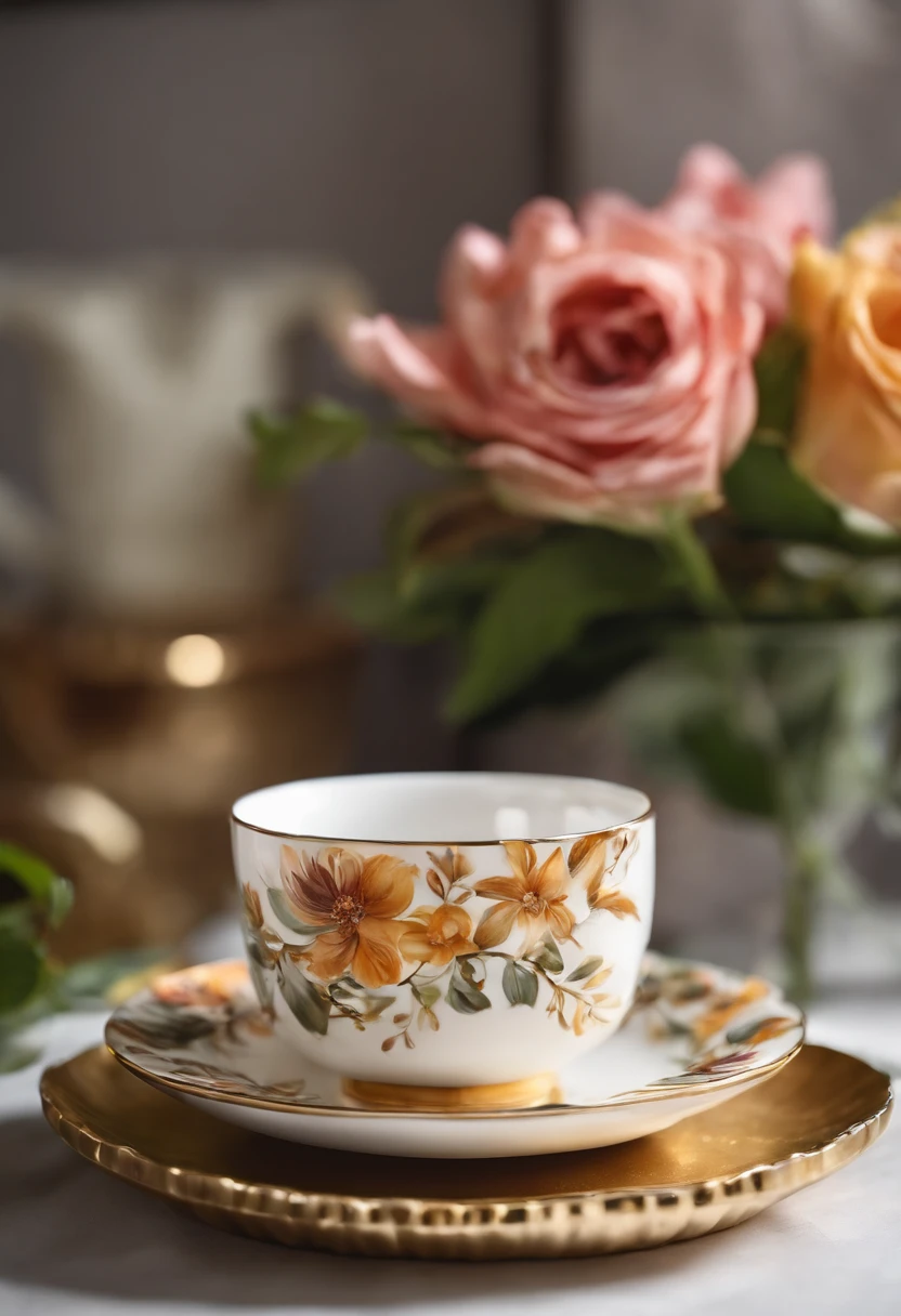 Bone china coffee cup and saucer set,Saffron illustration in watercolor style,Bone china plate design artwork,Modern Art,45 degree top view,best result,a work of art,best quality,8K,3d,Color decoration,top quality,detail,