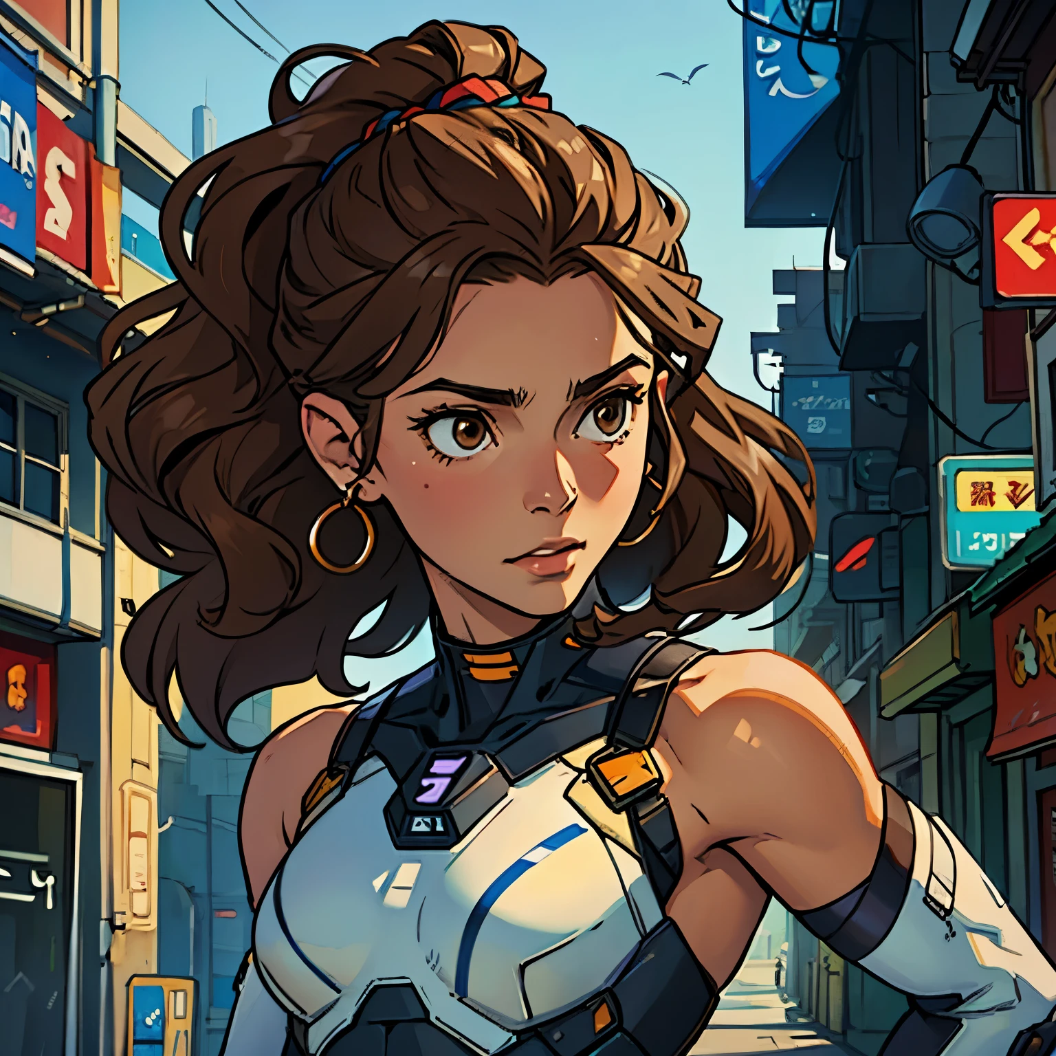 (Caucasian ager), 18 years old, brown eyes, (wavy brown hair), (hair tied back), medium hair, small medium breasts. She wears a white sci-fi suit, (bare shoulders), solo, futuristic city background, comic cover style