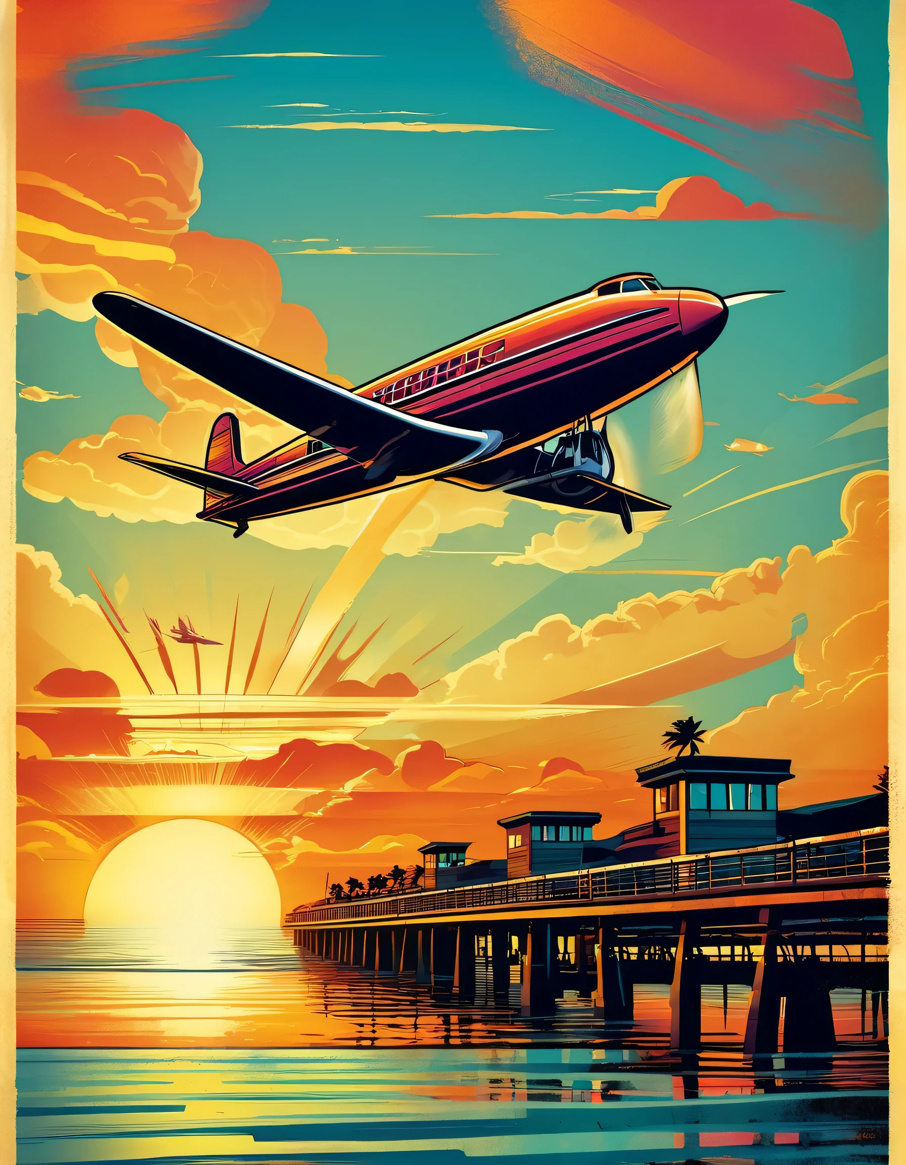 there is a plane that is flying over the water at sunset, travel poster, stylized digital illustration, plane illustration, by Tim Doyle, digital illustration -, in style of digital illustration, sunset illustration, travel, going forward to the sunset, vibrant tourism poster, take off, commercial illustration, by David B. Mattingly, sunset sunrise, airplanes