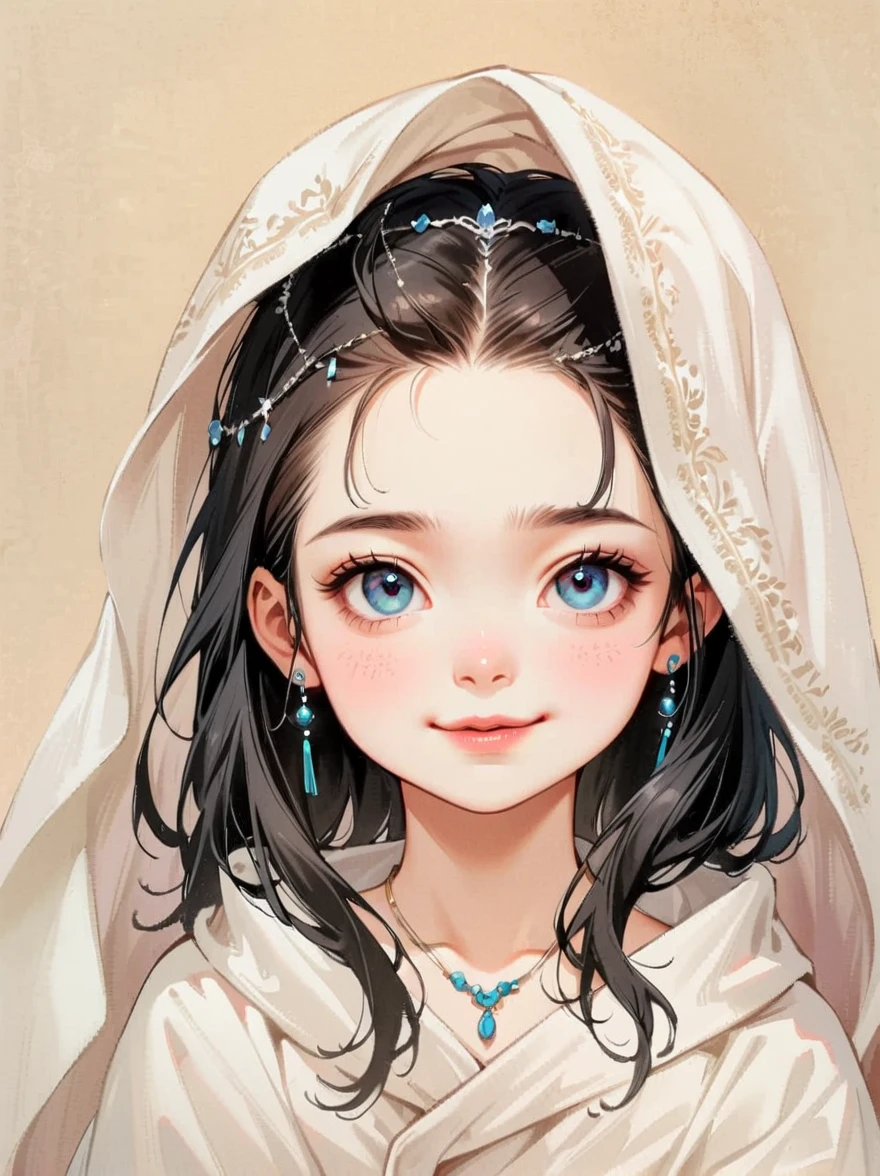 little children,long hair,black hair,(Emma Watson:0.8),(hide in blanket,curtain:1.4),stare,looking at viewer,(upper body,face focus,close up),realistic artist,(head chains,(jewelry:1.3):1.1),necklace,halter,(translucent:1.2), (see through:1.2),(intricate details:1.5),((silly,smug))