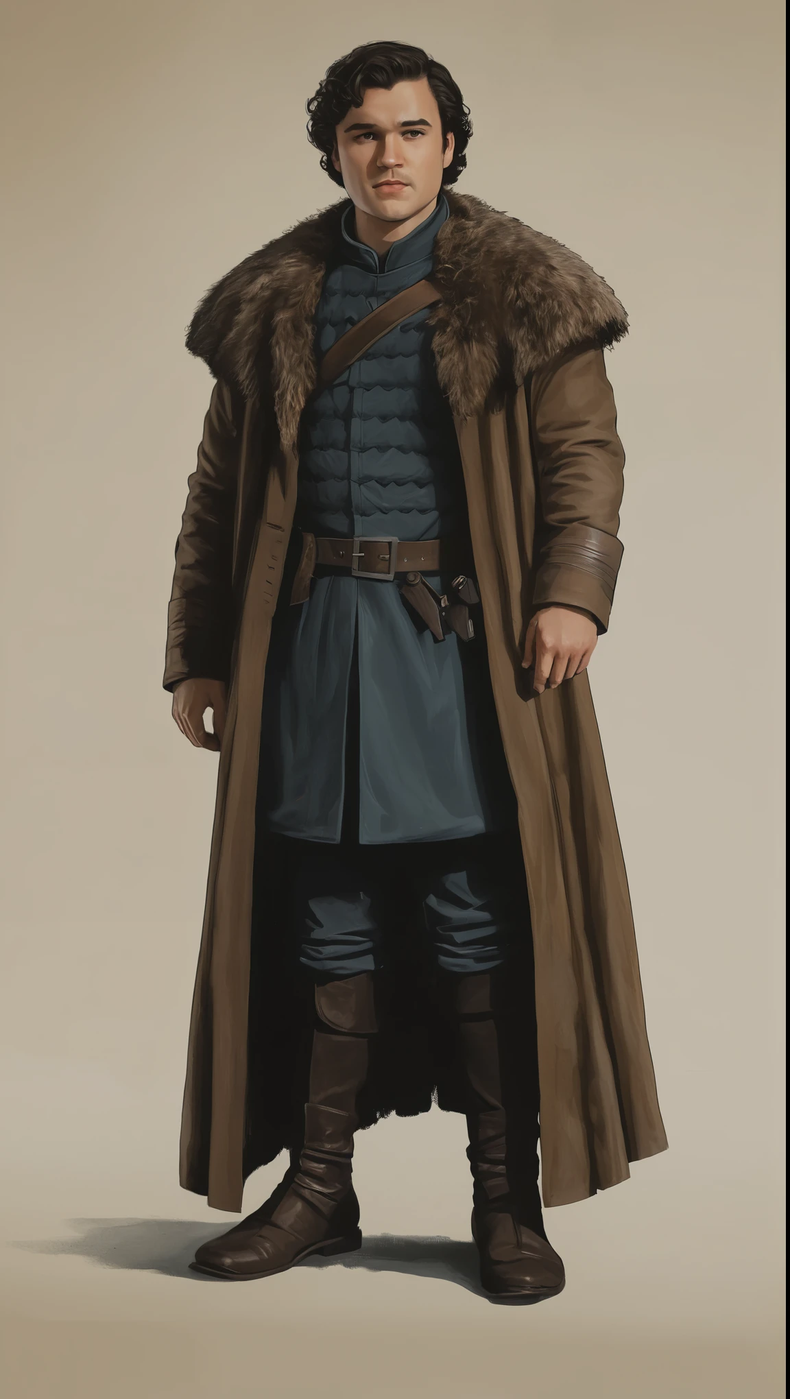 An illustrated movie poster, hand-drawn, full color, a Westerosi man, 28 years-old, wearing a long coat, resembles Gavin Leatherwood, sun-tanned skin, stocky physique, deep brown eyes, wide bulbous nose, black hair, short curly hair, thick bushy eyebrows, extremely hairy chest, stomach, and arms, lots of body hair, posing on a pedestal, hard shadows, graphite shading, stencil markings, airbrushed acrylic paint, masterpiece, in the style of Game of Thrones