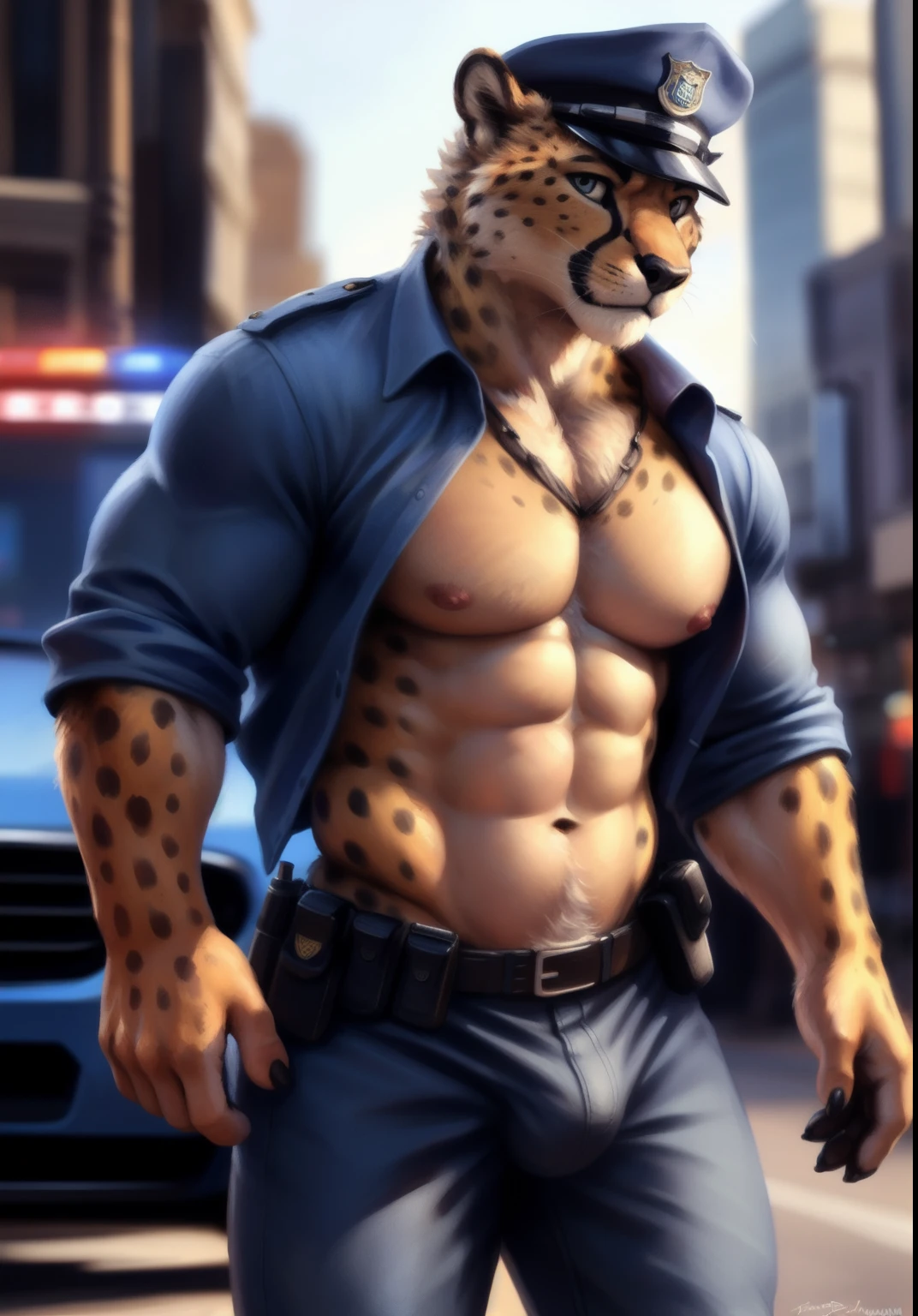 Cheetah, male, solo, adult, abs, big pecs, nipples, older, strong muscles, detailed face, beautiful eyes, detailed eyes, police outfit, police shirt, open shirt, muscular chest, muscular, happy face, bodybuilder body, beefy, city and police car, blue jeans pants, bulge, looking at viewer, by bruteandbrawn, by personalami, by kenket, (intricate, high detail, film photography, soft focus, RAW candid cinema,
photorealism, realistic, photorealistic, analog style, subsurface scattering,
masterpiece, best quality, ultra realistic, 8k)
