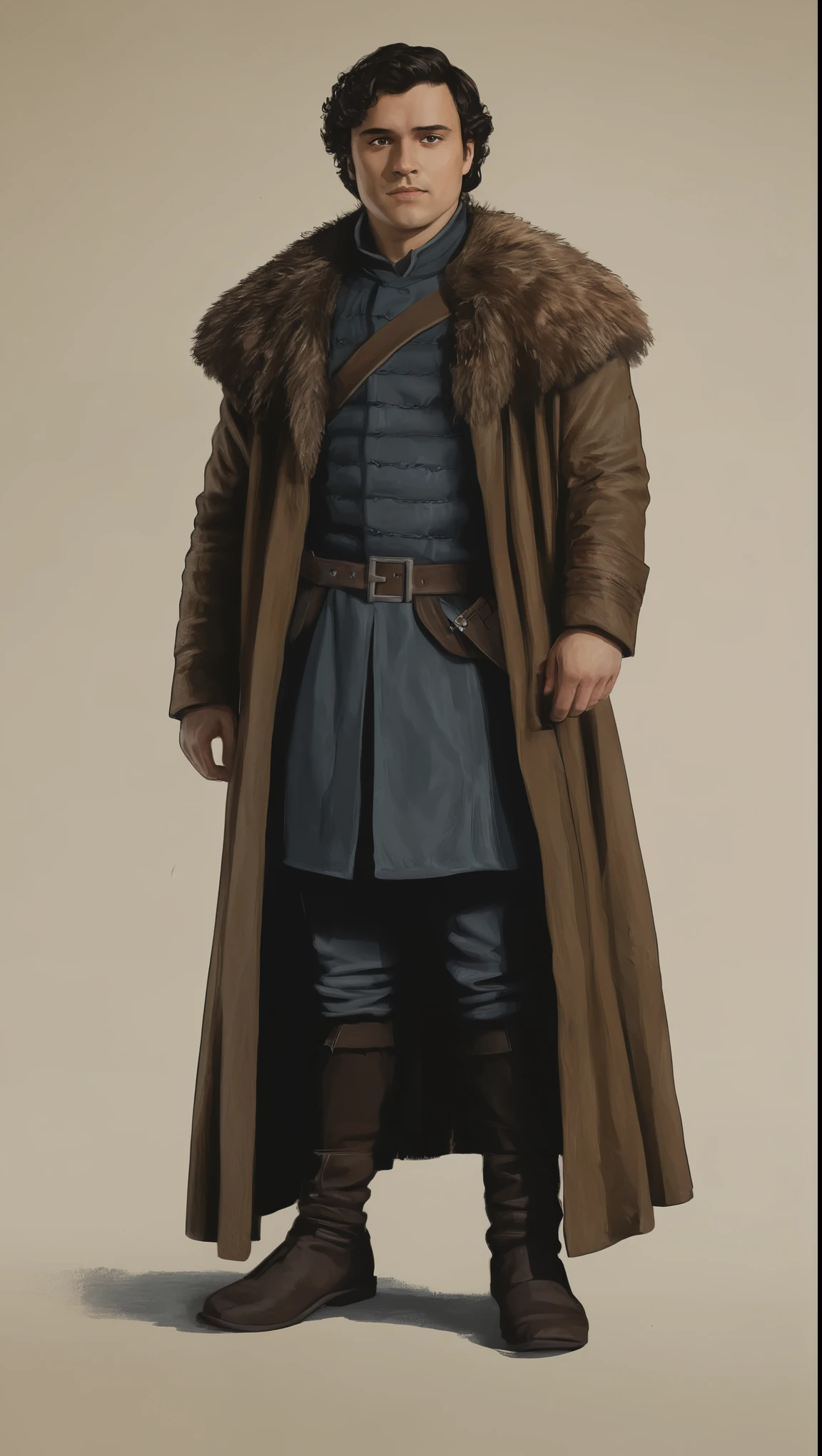 An illustrated movie poster, hand-drawn, full color, a Westerosi man, 28 years-old, wearing a long coat, resembles Gavin Leatherwood, sun-tanned skin, stocky physique, deep brown eyes, wide bulbous nose, black hair, short curly hair, thick bushy eyebrows, extremely hairy chest, stomach, and arms, lots of body hair, posing on a pedestal, hard shadows, graphite shading, stencil markings, airbrushed acrylic paint, masterpiece, in the style of Game of Thrones