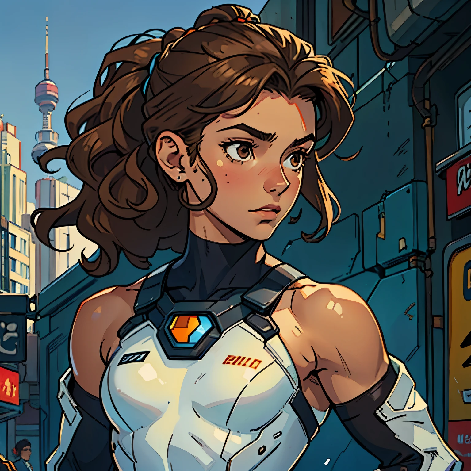 (Caucasian teenager), 18 years old, brown eyes, (wavy brown hair), (hair tied back), medium hair, small medium breasts. She wears a white sci-fi suit, (bare shoulders), solo, futuristic city background, comic cover style