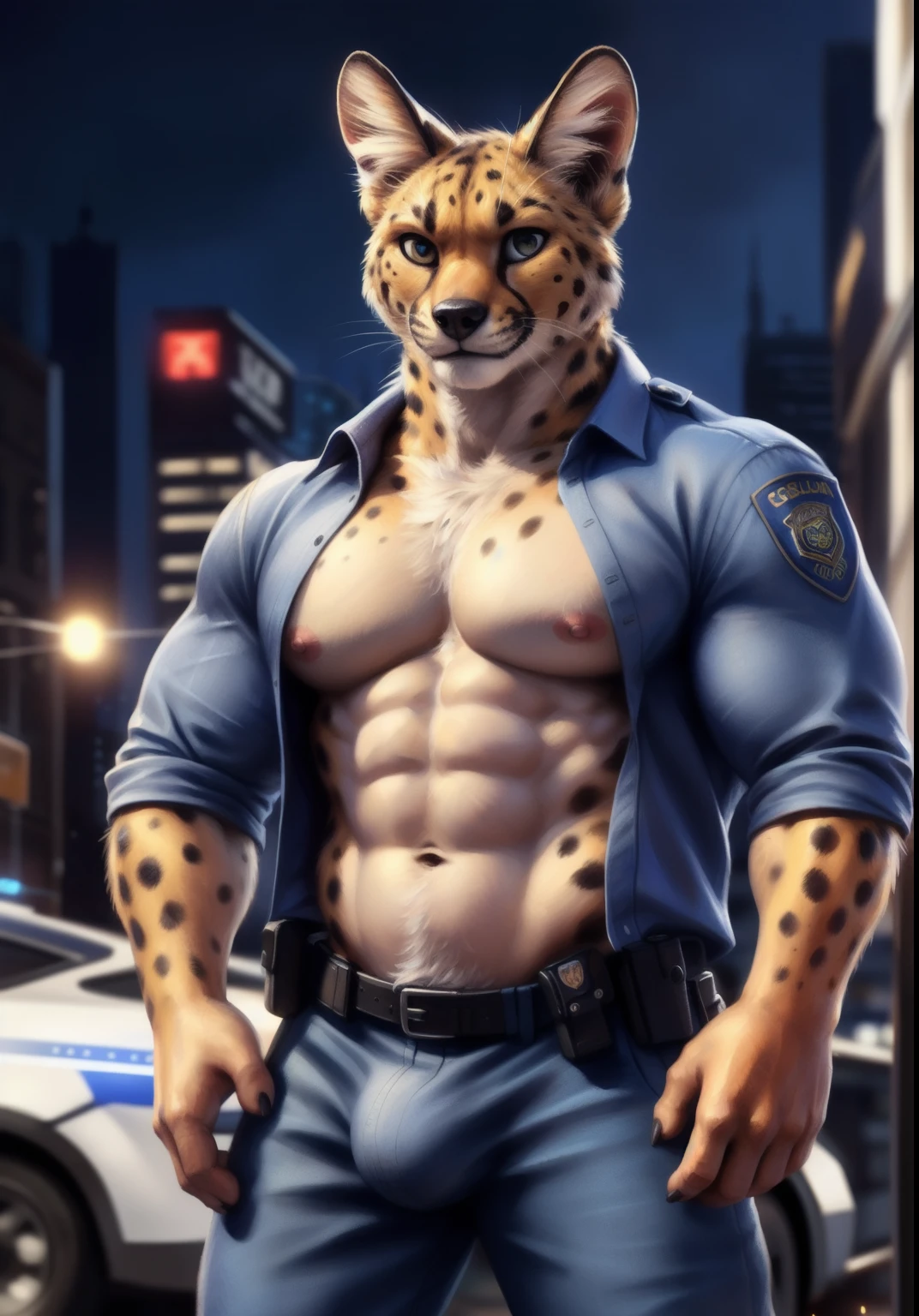 Serval, male, solo, adult, abs, big pecs, nipples, older, strong muscles, detailed face, beautiful eyes, detailed eyes, police outfit, police shirt, open shirt, muscular chest, muscular, happy face, bodybuilder body, beefy, city and police car, blue jeans pants, bulge, looking at viewer, by bruteandbrawn, by personalami, by kenket, (intricate, high detail, film photography, soft focus, RAW candid cinema,
photorealism, realistic, photorealistic, analog style, subsurface scattering,
masterpiece, best quality, ultra realistic, 8k)