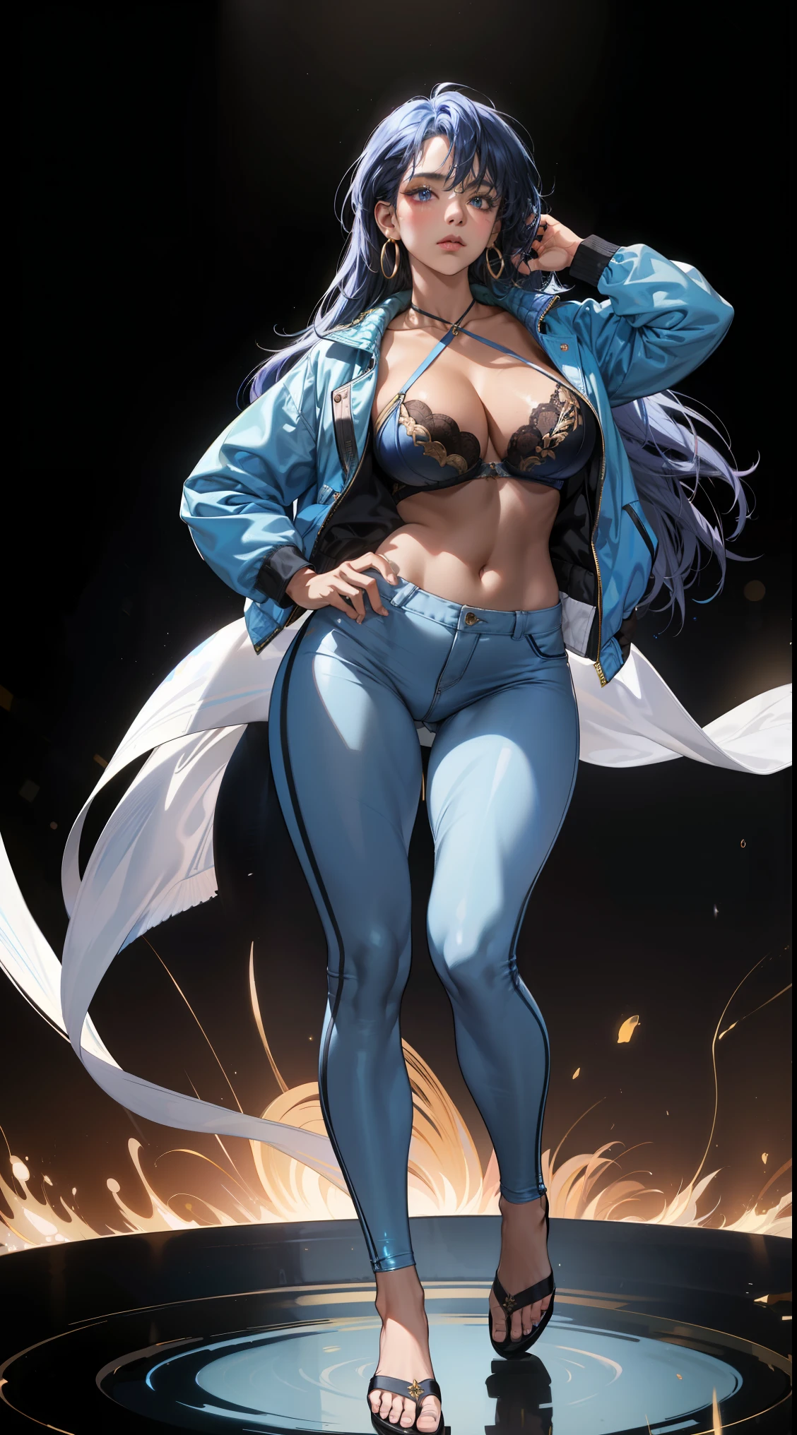 (best quality:1.5, highres, UHD, 4K, detailed lighting, shaders), best quality eyes, perfect hands, perfect finger, blue floral haired, gradient hair, big breasts, blue bra, big thighs, big butt, blue jacket, blue long pants, mature woman , (pov), black background, colorful eyeshadow, dramatic lighting, sparkling eyes, sensual expression, golden earrings, flowing hair, delicate facial features, dark skin, high cheekbones, urban setting, full body, black background, dont look for the camera, lean forward, behind the camera