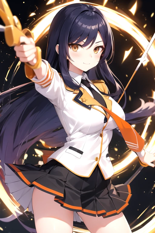 a cartoon woman in uniform holding a bow and arrow in front of her, kureha touka, 1girl, solo, ager, 17yo, large breasts, orange pleated skirt,platinum hair, long hair, parted bangs, gold eyes, black blazer, pleated skirt, white things high, orange neckties, collerd shirts, ,