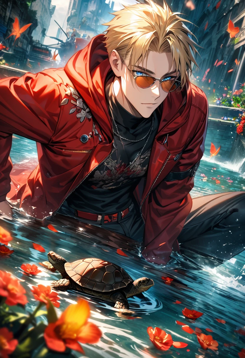 Ultra detailed, high-res, absurdres, HDR, Vash, blue eyes, blonde hair, Trigun Stampede, amber sunglasses, flowers and petals, water, butterflies, 1 man only, very handsome, red long jacket with a hoodie, black tight turtle shirt,