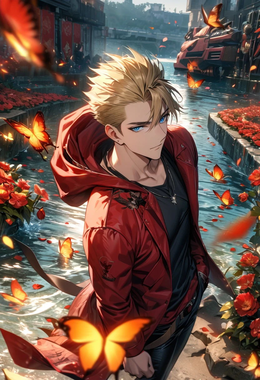 Ultra detailed, high-res, absurdres, HDR, Vash, blue eyes, blonde hair, Trigun Stampede, amber sunglasses, flowers and petals, water, butterflies, 1 man only, very handsome, red long jacket with a hoodie, black tight turtle shirt,