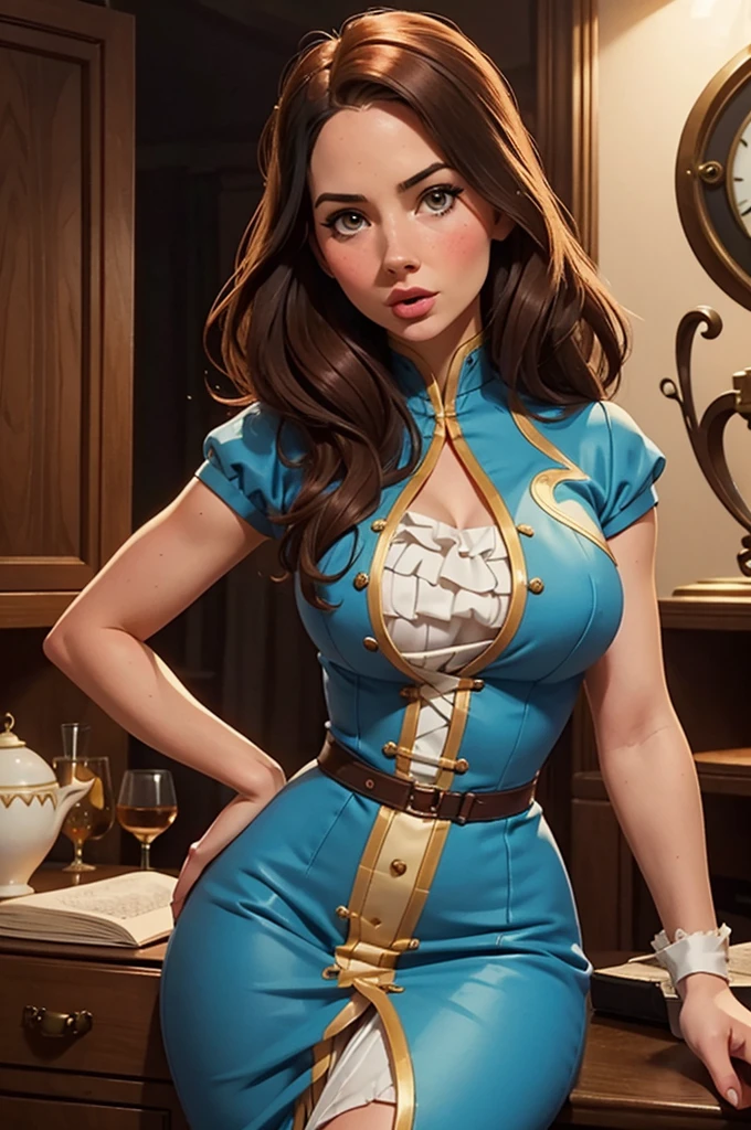 woman((30 years old)), hair((wavy, golden brown)), eye((smart eye, green)), Clothes((new york fashion week, White)), smile, Proudly, random hairstyles, accessories,Costume with large open chest,super mini skirt,lace costume,revealing, costumes sitting on knees