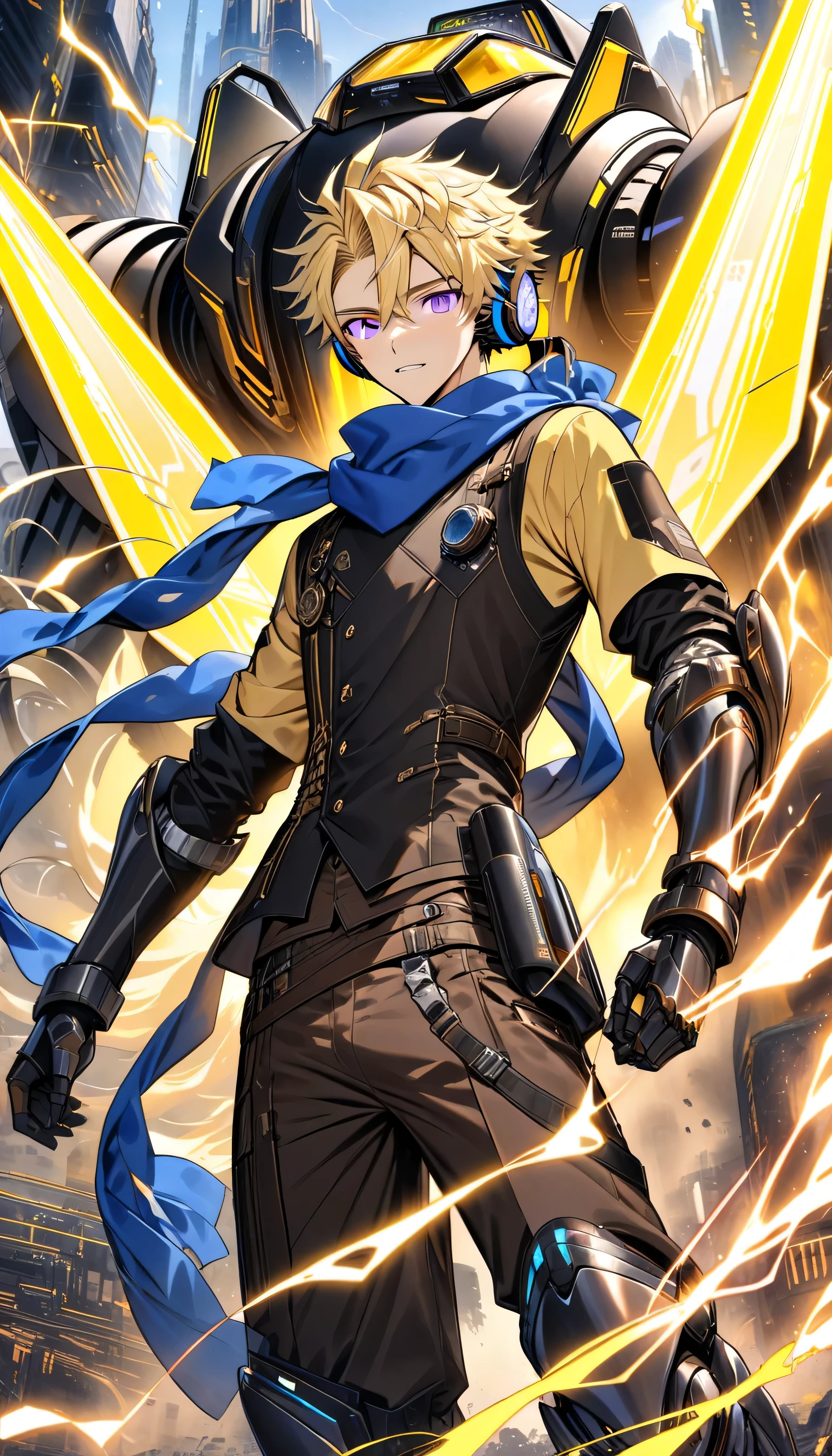 Young adult 15 year old anime male with fair skin, thin but toned body, blonde hair with a few black and white streaks, purple eyes, wearing a black steampunk vest, yellow shirt, dark brown pants, and a blue scarf, with high tech sci fi headphones, high tech sci fi goggles on his hair, high tech sci fi gauntlets, and high tech sci fi greaves. He is also holding a high tech sci fi spear, and prismatic colored electricity is shooting out from his gauntlets. There is a massive mech made of yellow energy in the background 