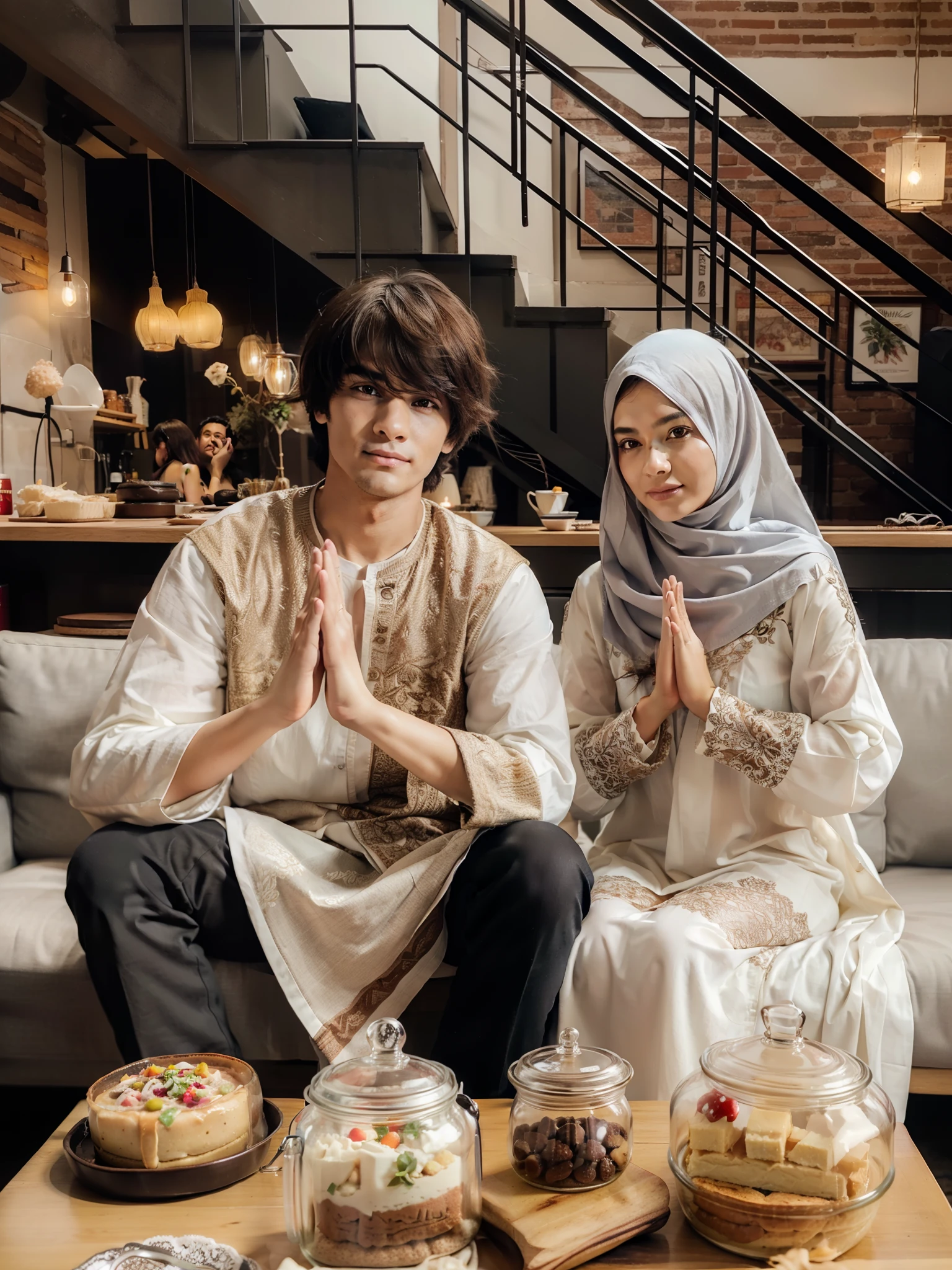 there are two people sitting on a couch with food on the table, lovely couple, portrait shot, couple pose, shot on canon eos r 5, shot on canon eos r5, couple, traditional clothes, wearing traditional garb, portrait shot 8 k, shot with canon eoa 6 d mark ii, happy couple, shot on nikon z9