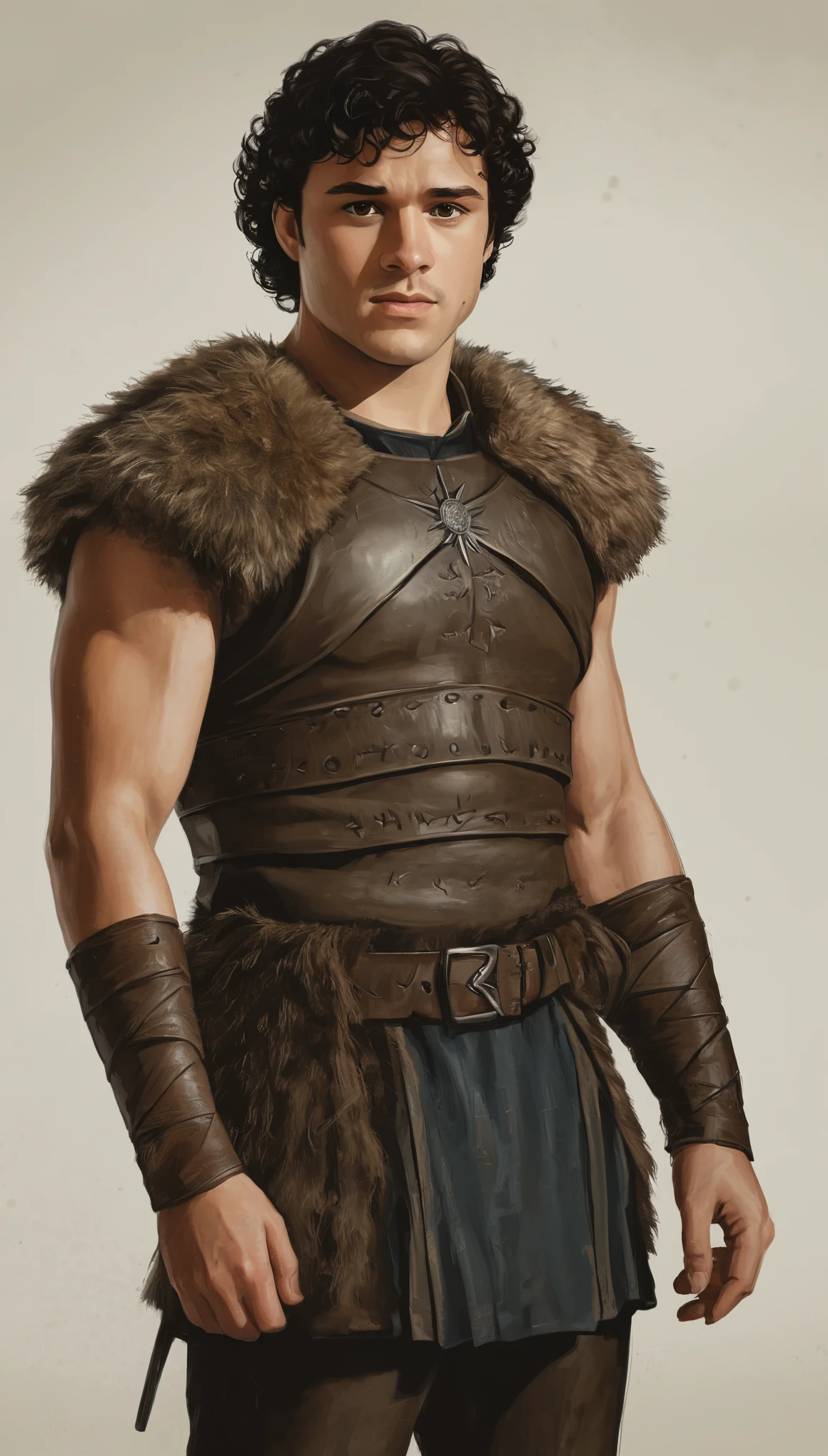 An illustrated movie poster, hand-drawn, full color, a Westerosi man, 28 years-old, wearing a ranger jerkin, resembles Gavin Leatherwood, sun-tanned skin, stocky physique, deep brown eyes, wide bulbous nose, black hair, curly hair, thick bushy eyebrows, extremely hairy chest, stomach, and arms, lots of body hair, posing on a pedestal, hard shadows, graphite shading, stencil markings, airbrushed acrylic paint, masterpiece, in the style of Game of Thrones