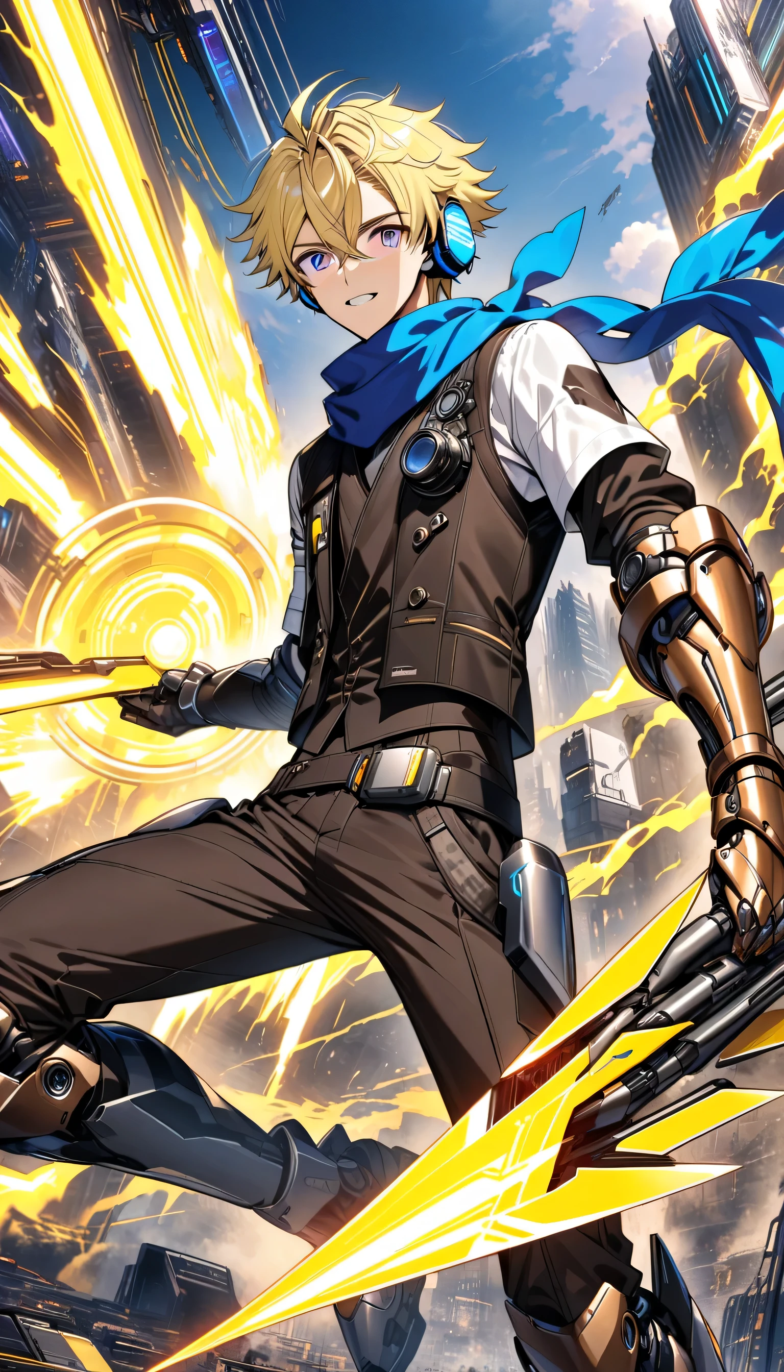 Young adult 15 year old anime male with fair skin, thin but toned body, blonde hair with a few black and white streaks, purple eyes, wearing a black steampunk vest, yellow shirt, dark brown pants, and a blue scarf, with high tech sci fi headphones, high tech sci fi goggles on his hair, high tech sci fi gauntlets, and high tech sci fi greaves. He is also holding a high tech sci fi spear, and prismatic colored electricity is shooting out from his gauntlets. There is a massive mech made of yellow energy in the background