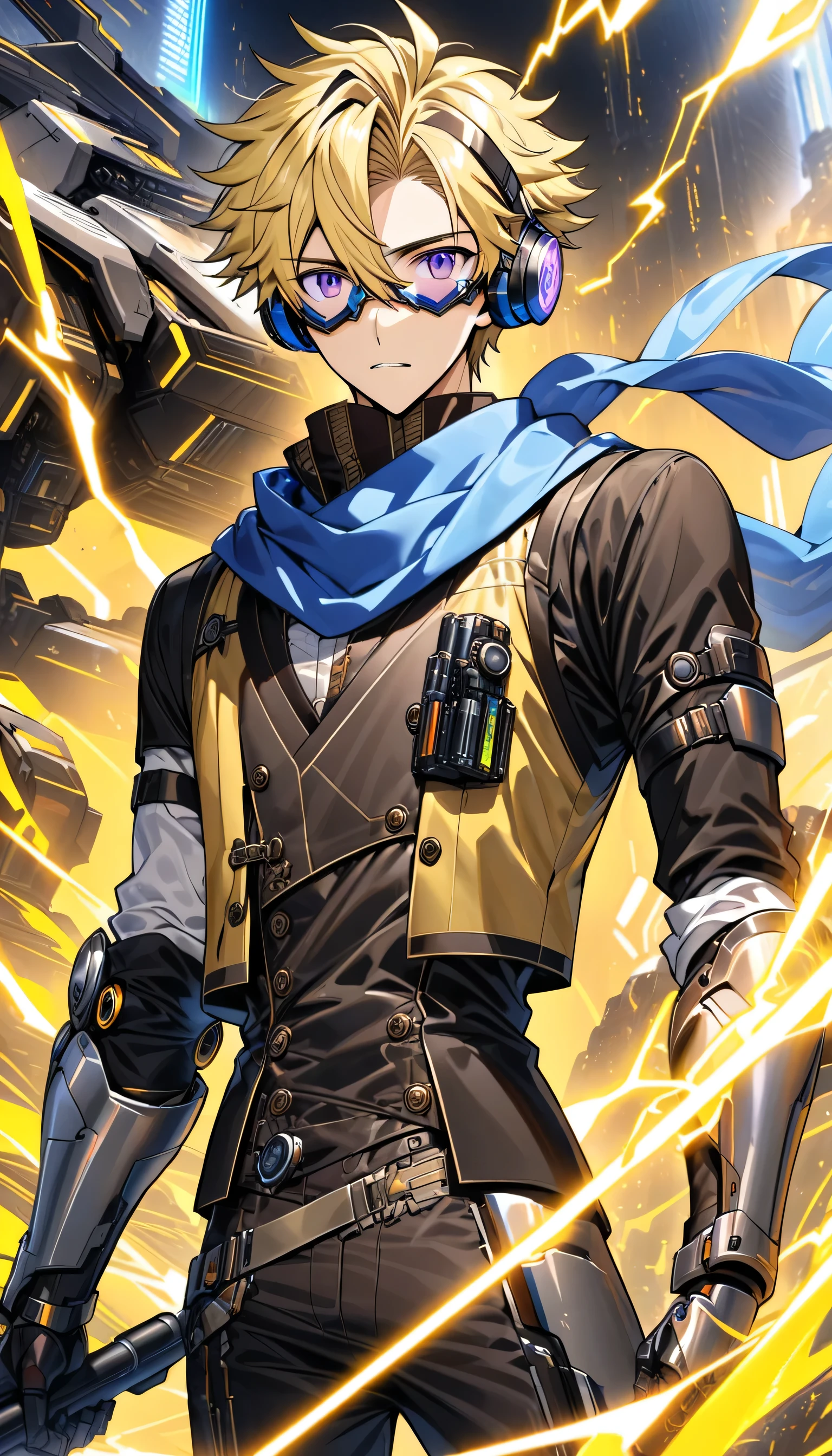 Young adult 15 year old anime male with fair skin, thin but toned body, blonde hair with a few black and white streaks, purple eyes, wearing a black steampunk vest, yellow shirt, dark brown pants, and a blue scarf, with high tech sci fi headphones, high tech sci fi goggles on his hair, high tech sci fi gauntlets, and high tech sci fi greaves. He is also holding a high tech sci fi spear, and prismatic colored electricity is shooting out from his gauntlets. There is a massive mech made of yellow energy in the background
