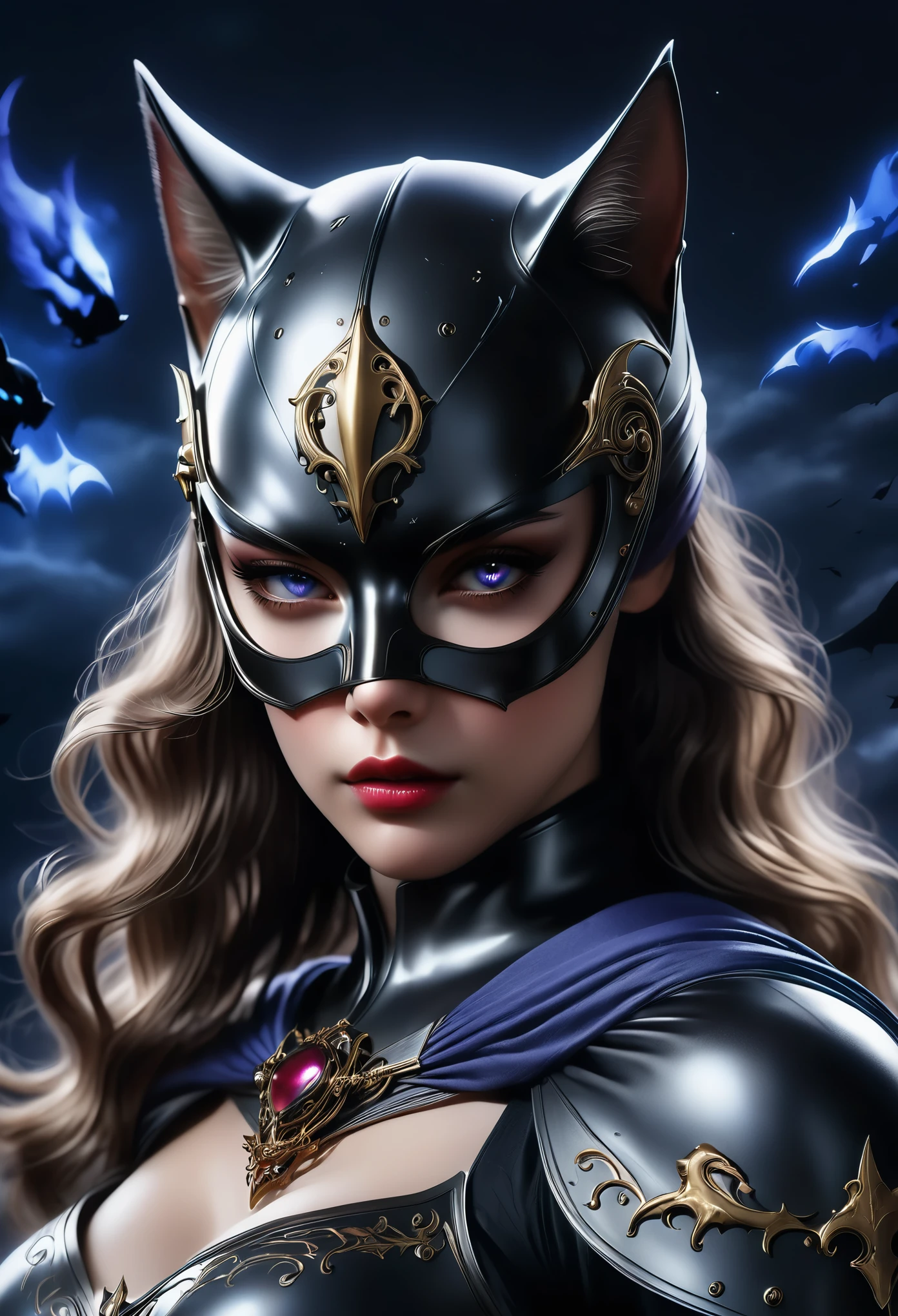(best quality,4k,8k,highres,masterpiece:1.2),ultra-detailed,(realistic,photorealistic,photo-realistic:1.37),Cat Knight:1.37,strong,confident,beautiful detailed eyes,beautiful detailed lips,fierce gaze,sharp claws,leather armor,shiny metal details,protective helmet,ornate engravings,battle scars,glowing blue magical symbols,cat-shaped motifs,determined expression,graceful stance,hovering above the ground,dark and menacing background,moonlit night,sharp shadows,deep purples and blues,moonlight casting a mysterious glow,thunderous clouds,dynamic energy,fast and agile movements,battle-ready,Catwoman fiercely engages in a combat posture,swift attacks,jumping through the air,striking with precision,powerful kicks and punches,utilizing acrobatic movements,leaping between rooftops,Drawing inspiration from medieval knights,Catwoman embodies a warrior spirit,combining feline grace and lethal skill,defender of justice by night,protecting the vulnerable,combining world of cats and knights.