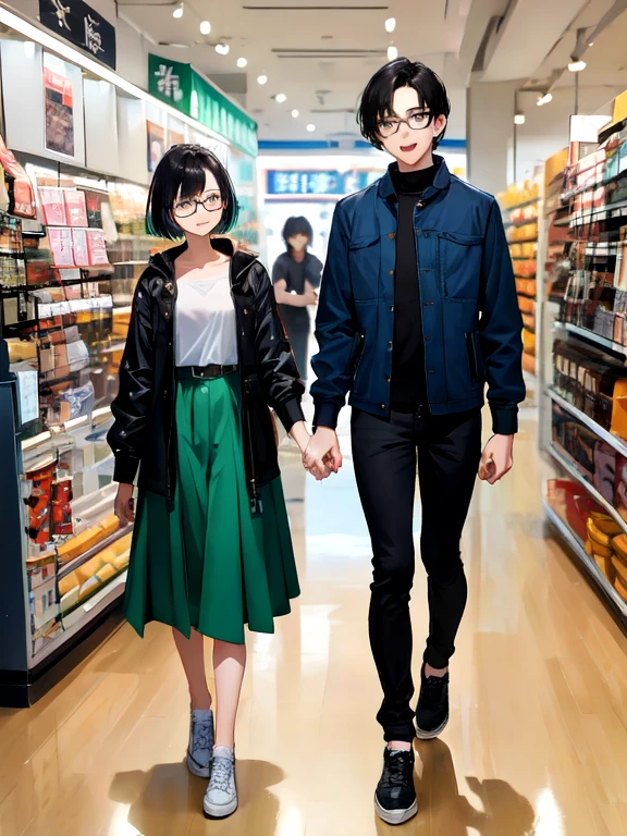 happy couple、(Bob Black Hair Short Hair Cute Woman 20 Years Old Cute Green Eyes Glasses)and(Black short hair young tall man 25 years old)、In shopping、break、perfect anatomy、masterpiece:1.4、highest quality、8k、Beautiful detailed growth、Fantastic expression。