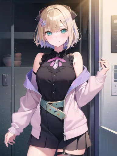 (masterpiece:1.3),((high resolution)),((high quality)),((ultra-detailed)),((game cg)),1 girl,perfect balance,perfect face,detailed face,cute face, beautiful detailed eyes, expressive eyes, pretty eyes, glossy eyes,perfect body,beautiful body, aanoah, short hair, multicolored hair, hair bow, hair ornament, neck ribbon, sleeveless shirt, off shoulder, pink jacket, open clothes, belt, skirt, thigh strap,bike shorts,shorts under skirt,smile face,closed mouth,blush,standing,