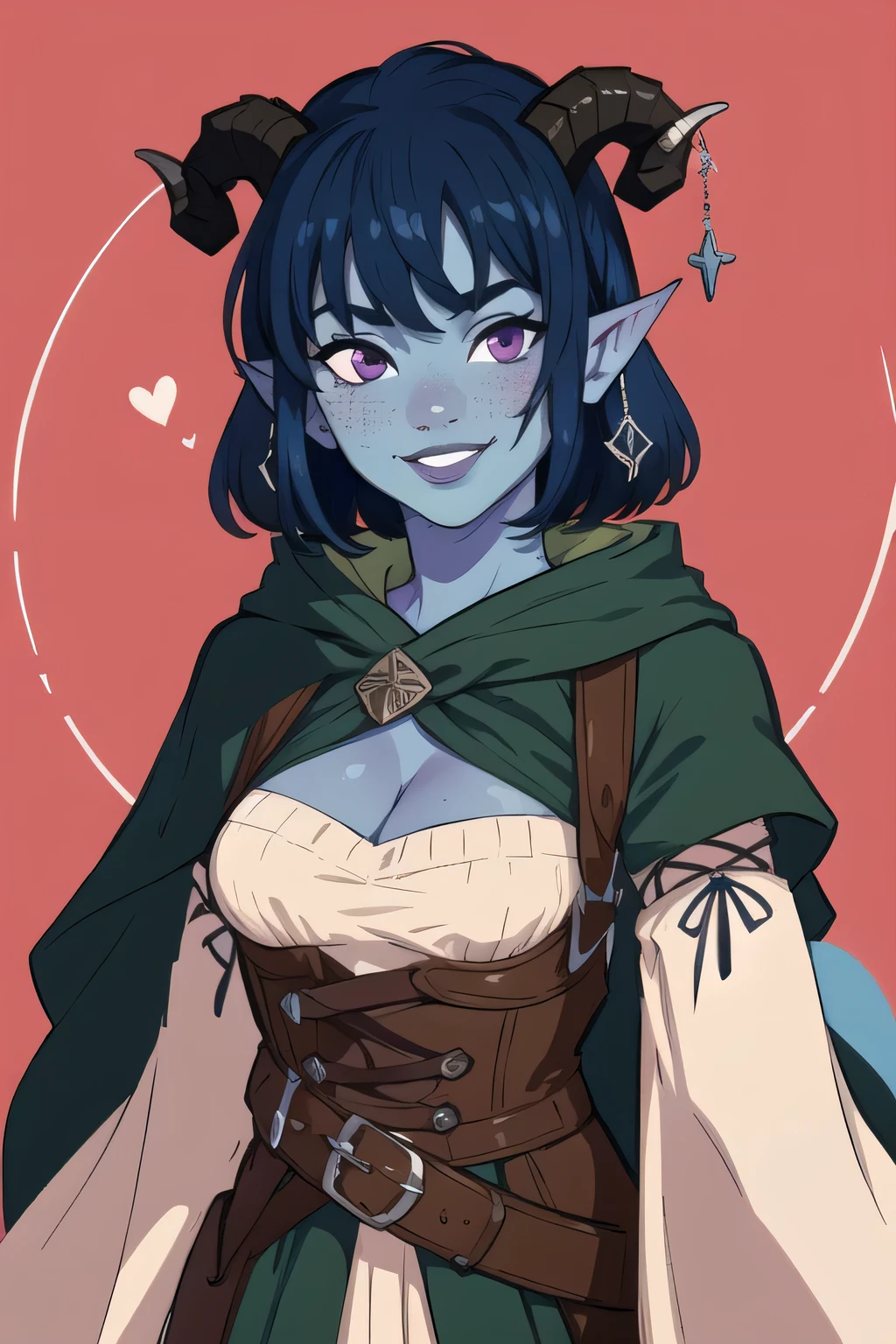 masterpiece, best quality, 1girl, jesterlavorre, blue hair,  purple eyes, blue skin, freckles, colored skin, horns, pointy ears,, tiefling, smile, looking at viewer, solo , cleavage 