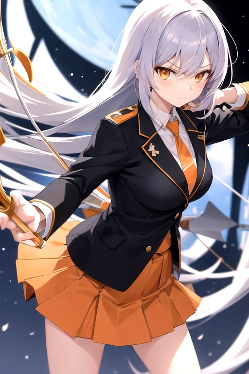 a cartoon woman in uniform holding a bow and arrow in front of her, kureha touka, 1girl, solo, ager, 17yo, large breasts, orange pleated skirt,platinum hair, long hair, diagonal bang, gold eyes, black blazer, pleated skirt, white things high, orange neckties, collerd shirts, ,