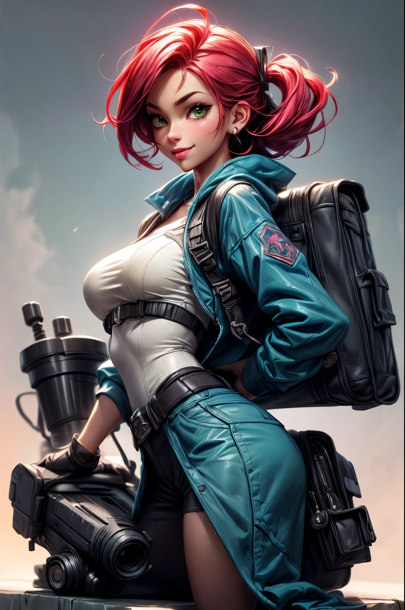 ((long shot:1.6)), Unreal Engine:1.4, Ultra Realistic CG K, Photorealistic:1.4, Skin Texture:1.4, ((artwork ****ung woman full body:1.5)), ((red hair green eyes, full lips and a sensual smile:1.5)), punk-style hairstyle with a shaved side, tattoos, Gatling gun, box, looking at the viewer, dynamic pose, blows, ammunition belt, gloves, large breasts not disproportionate, Shooting , Extremely detailed:1.4, more detailed, optical mix, playful patterns, lively texture, unique visual effect, pink leather mini skirt, pink jacket, masterpiece, ((colors, cyan, green, pink, brown: 1.2)), ( (8k realistic digital art.)), 32k