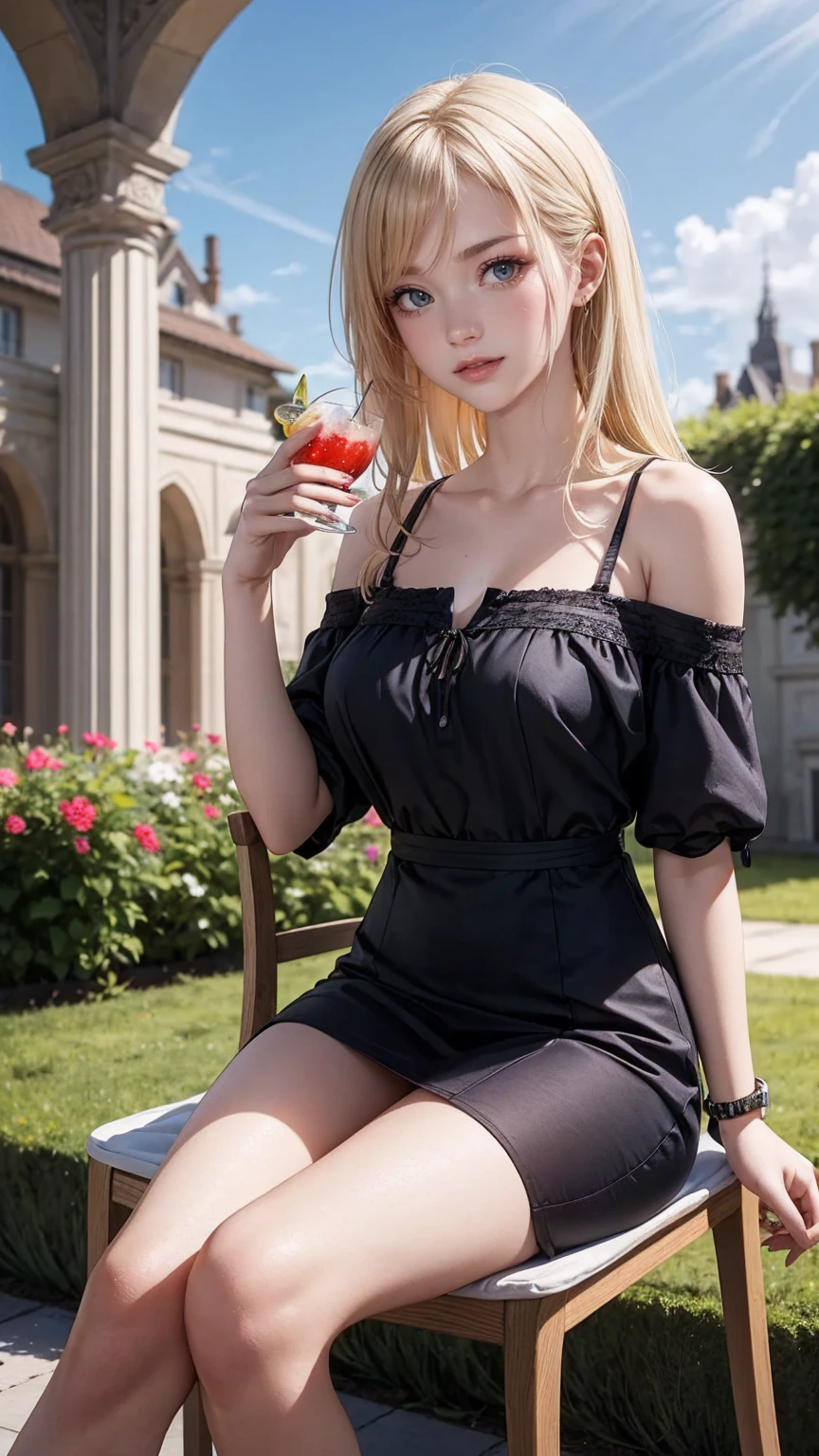 ((最high quality, 8K, masterpiece: 1.3, Ultra HD, high quality, 最high quality, High resolution, realism)) 、(high color saturation:1.0), (highly detailed skin), (最high quality:1.0), (超High resolution:1.0) ,(realistic:1.0), (Super detailed:1.0), (8K, Raw photo:1.1), slender、Slender, muscular body that's toned like an athlete's、I don't want my head to disappear from the screen.、Wear accessories on your wrist、Wearing red nail polish、I have a peticure、25 year old white woman、platinum blonde、blue eyes、long hair、hair above one eye、smile、Gothic historical building、Sit on a chair on the terrace in the courtyard、The table is decorated with a basket of fruit and cups of drinks.、Wear an off-shoulder bodycon dress、Wear high heelansion garden、Blooming profusely、The ground in the courtyard is grass、Surrounded by a hedge、Blue sky beautiful、It's early summer、The wind is pleasant