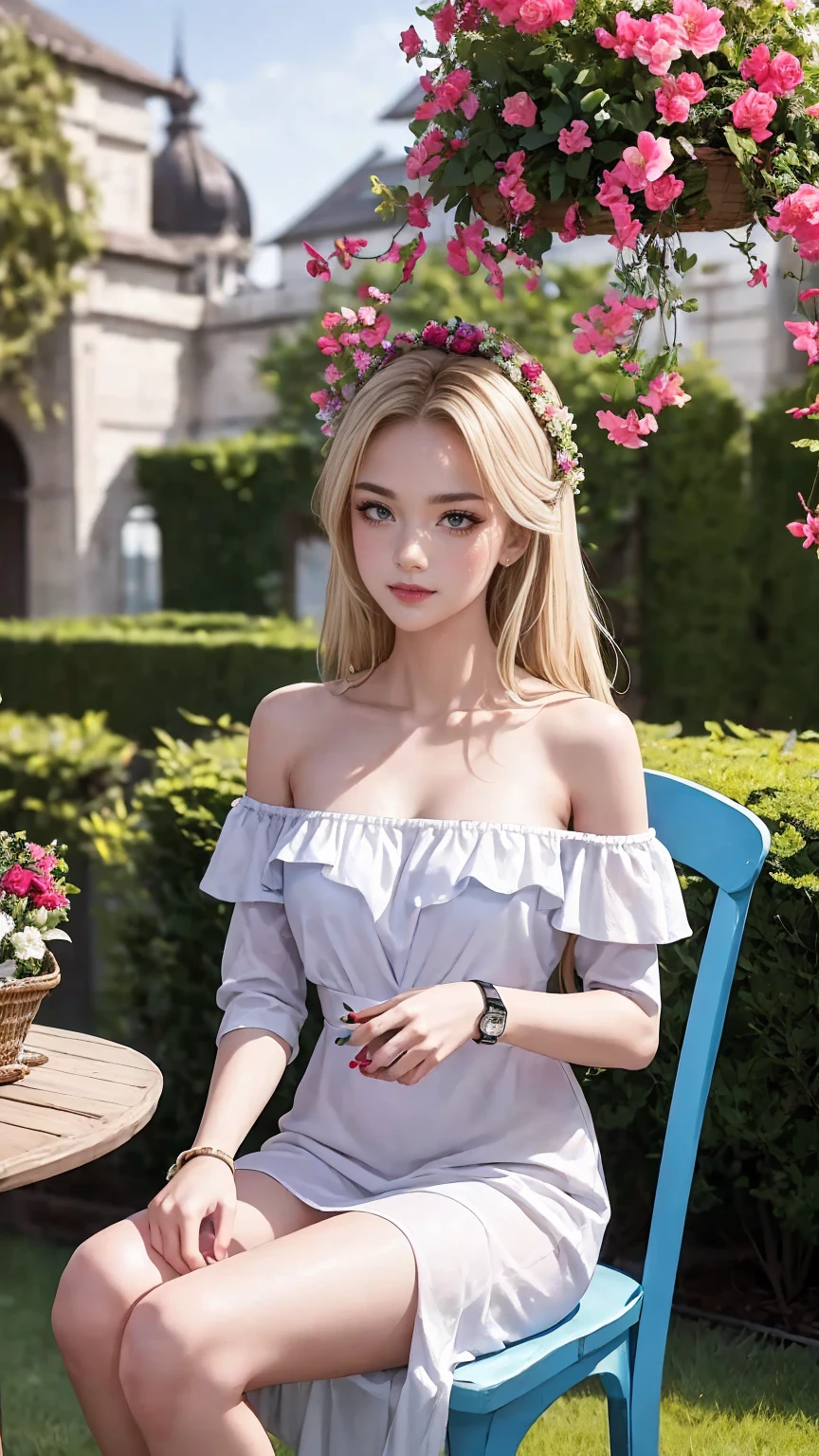 ((最high quality, 8K, masterpiece: 1.3, Ultra HD, high quality, 最high quality, High resolution, realism)) 、(high color saturation:1.0), (highly detailed skin), (最high quality:1.0), (超High resolution:1.0) ,(realistic:1.0), (Super detailed:1.0), (8K, Raw photo:1.1), slender、Slender, muscular body that's toned like an athlete's、I don't want my head to disappear from the screen.、Wear accessories on your wrist、Wearing red nail polish、I have a peticure、25 year old white woman、platinum blonde、blue eyes、long hair、hair above one eye、smile、Gothic historical building、Sit on a chair on the terrace in the courtyard、The table is decorated with a basket of fruit and cups of drinks.、Wear an off-shoulder bodycon dress、Wear high heelansion garden、Blooming profusely、The ground in the courtyard is grass、Surrounded by a hedge、Blue sky beautiful、It's early summer、The wind is pleasant