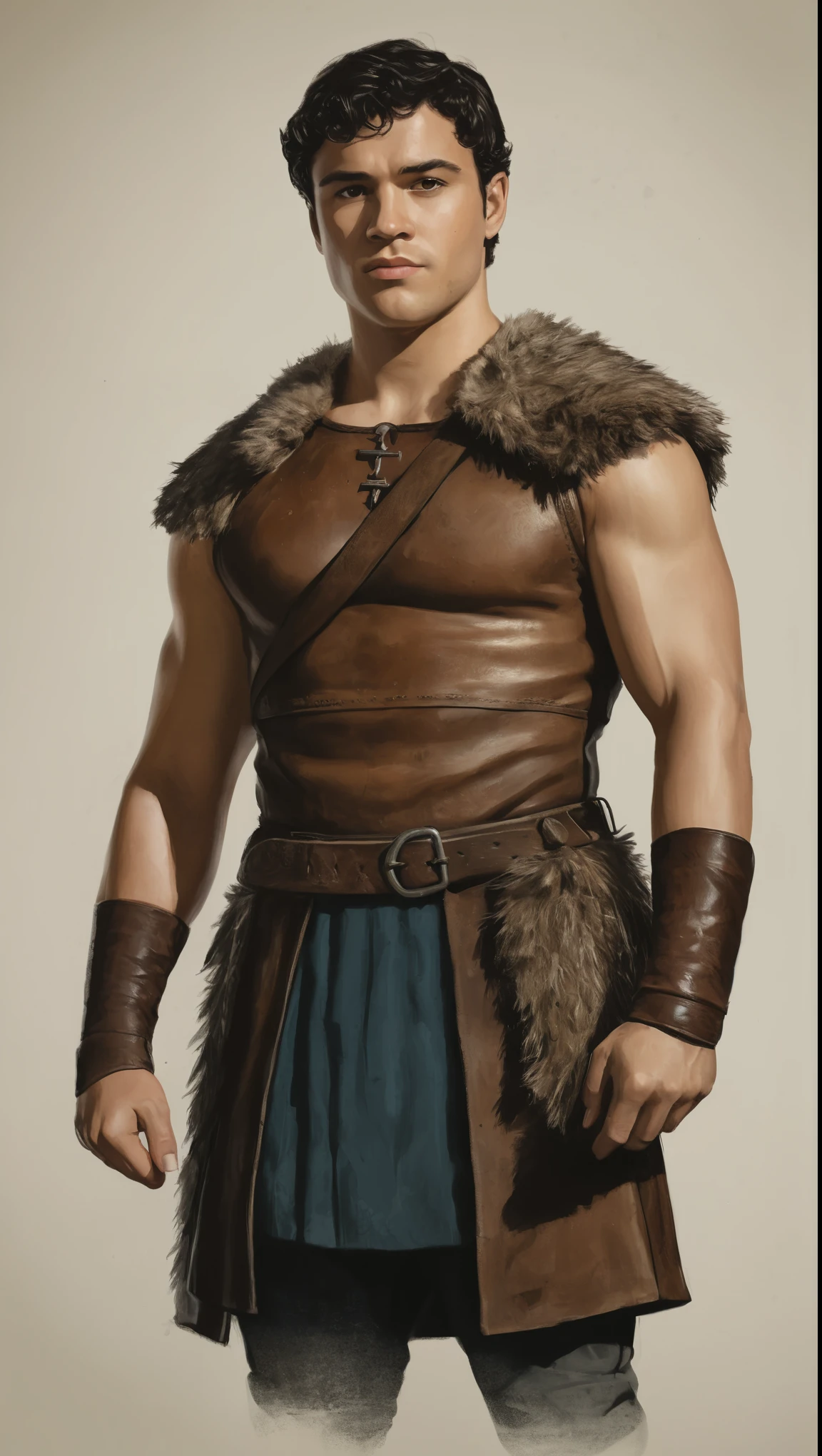 An illustrated movie poster, hand-drawn, full color, a swashbuckler, male, 22 years-old, wearing ankle-banded pants and leather boots, resembles a young Lou Ferrigno, sun-tanned skin, round face, average height, broad shoulders, soft belly, slightly chubby, deep brown eyes, wide bulbous nose, black hair, curly taper fade, thick bushy eyebrows, extremely hairy chest, stomach, and arms, lots of body hair, posing on a pedestal, wet listening skin, hard shadows, graphite shading, stencil marks, airbrushed acrylic paint, masterpiece, in the style of Skyrim
