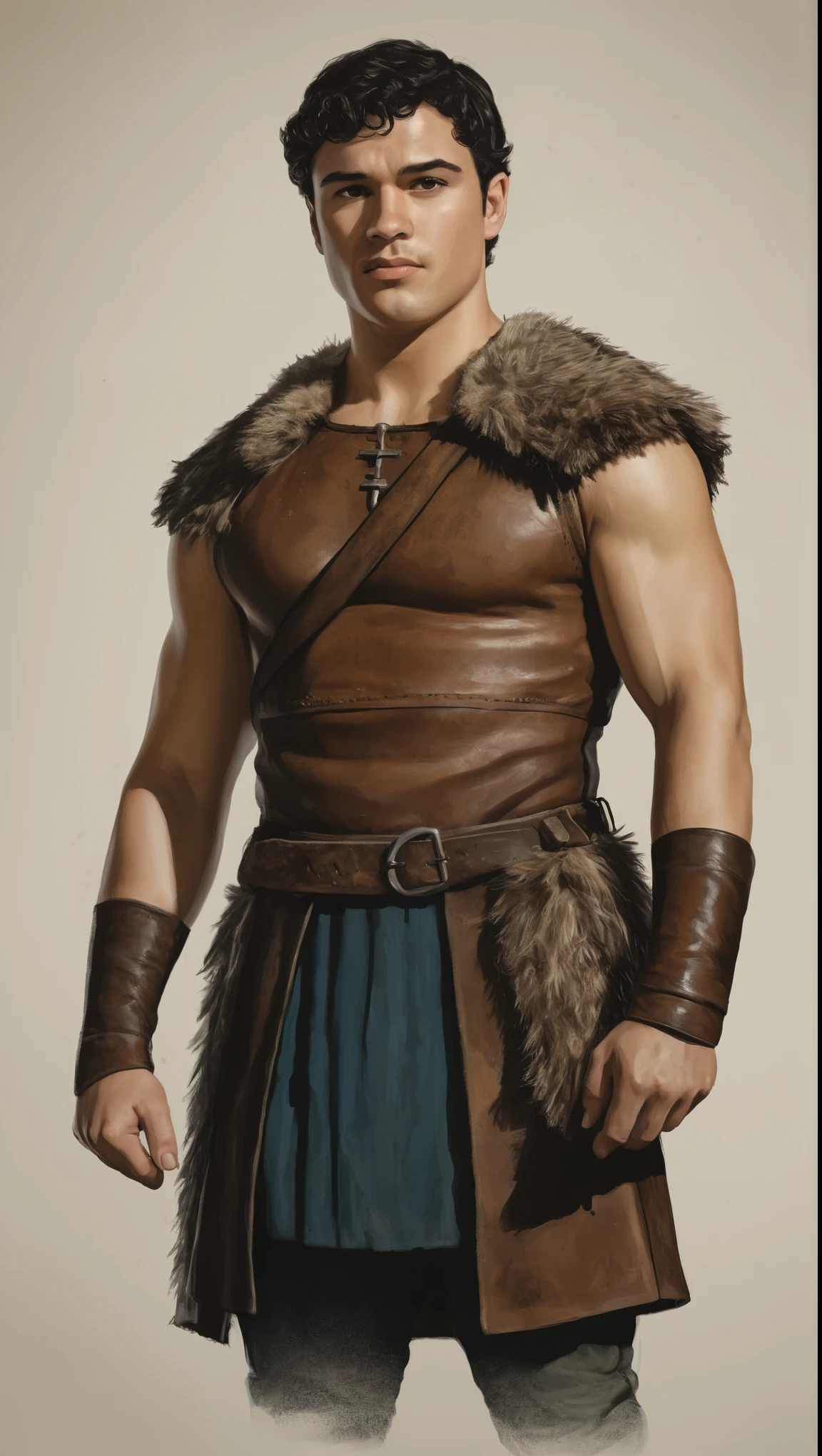 An illustrated movie poster, hand-drawn, full color, a Westerosi ranger, 28 years-old, wearing a suede jerkin, resembles Gavin Leatherwood, sun-tanned skin, stocky physique, deep brown eyes, wide bulbous nose, black hair, curly hair, thick bushy eyebrows, extremely hairy chest, stomach, and arms, lots of body hair, posing on a pedestal, hard shadows, graphite shading, stencil markings, airbrushed acrylic paint, masterpiece, in the style of Game of Thrones