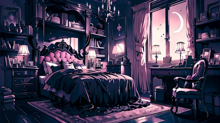 background、highest quality、detailed、gothic atmosphere、Room illustration、、Illustration in black and pink tones、spacious room、night、深night、窓から美しいnight空、lace curtains、Gothic bed、one chandelier、Gothic furniture、bookshelf、Plush rug、There are no living things、wide range composition、Deformed illustration、dark atmosphere、nightの静けさ、starry sky、Crescent Moon、Crescent Moonと星の電飾、Nobody is here